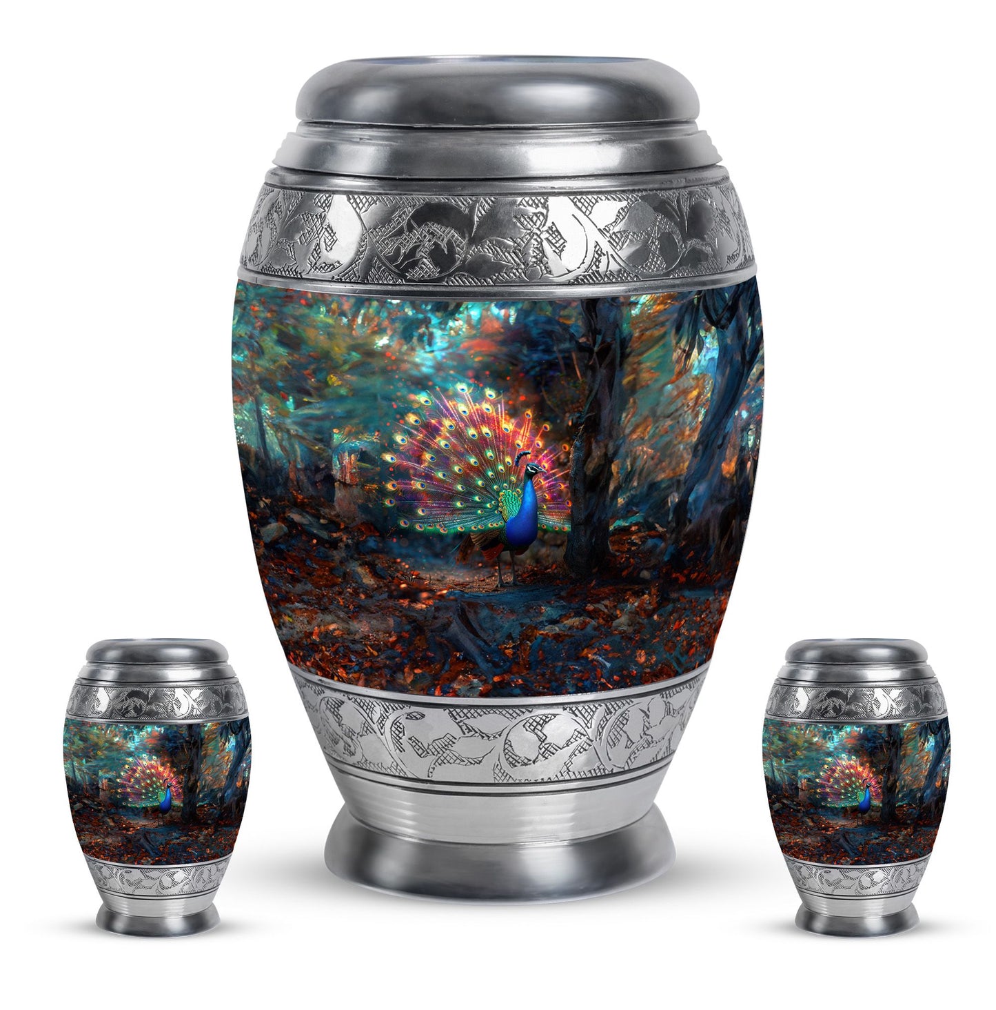 Peacock Theme Large Urn With 2 Keepsake Urn