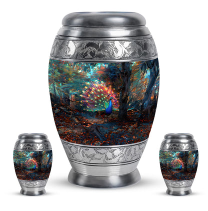 Peacock Theme Large Urn With 2 Keepsake Urn