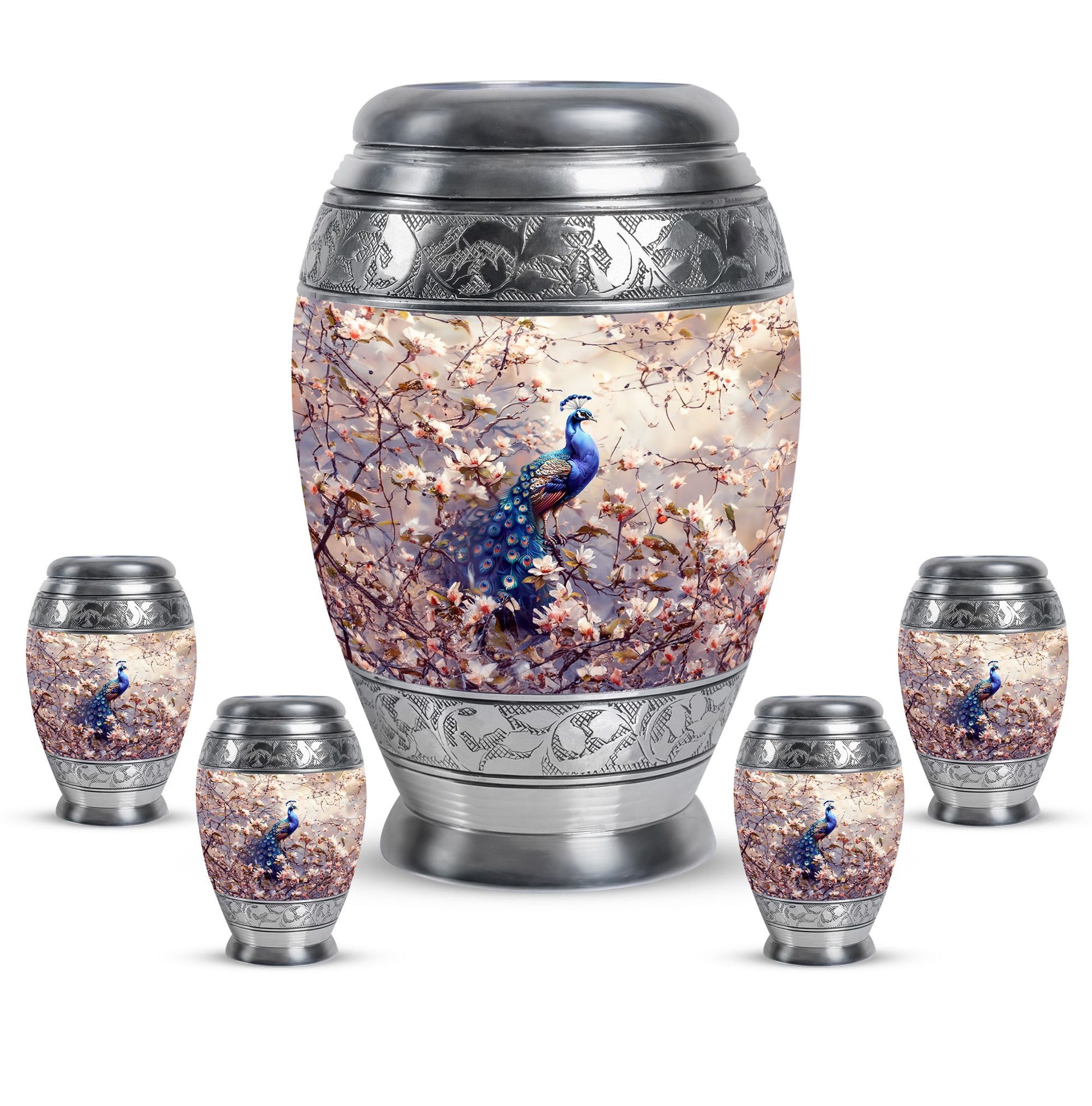 Peacock Theme Large Urn With 4 Keepsake Urn