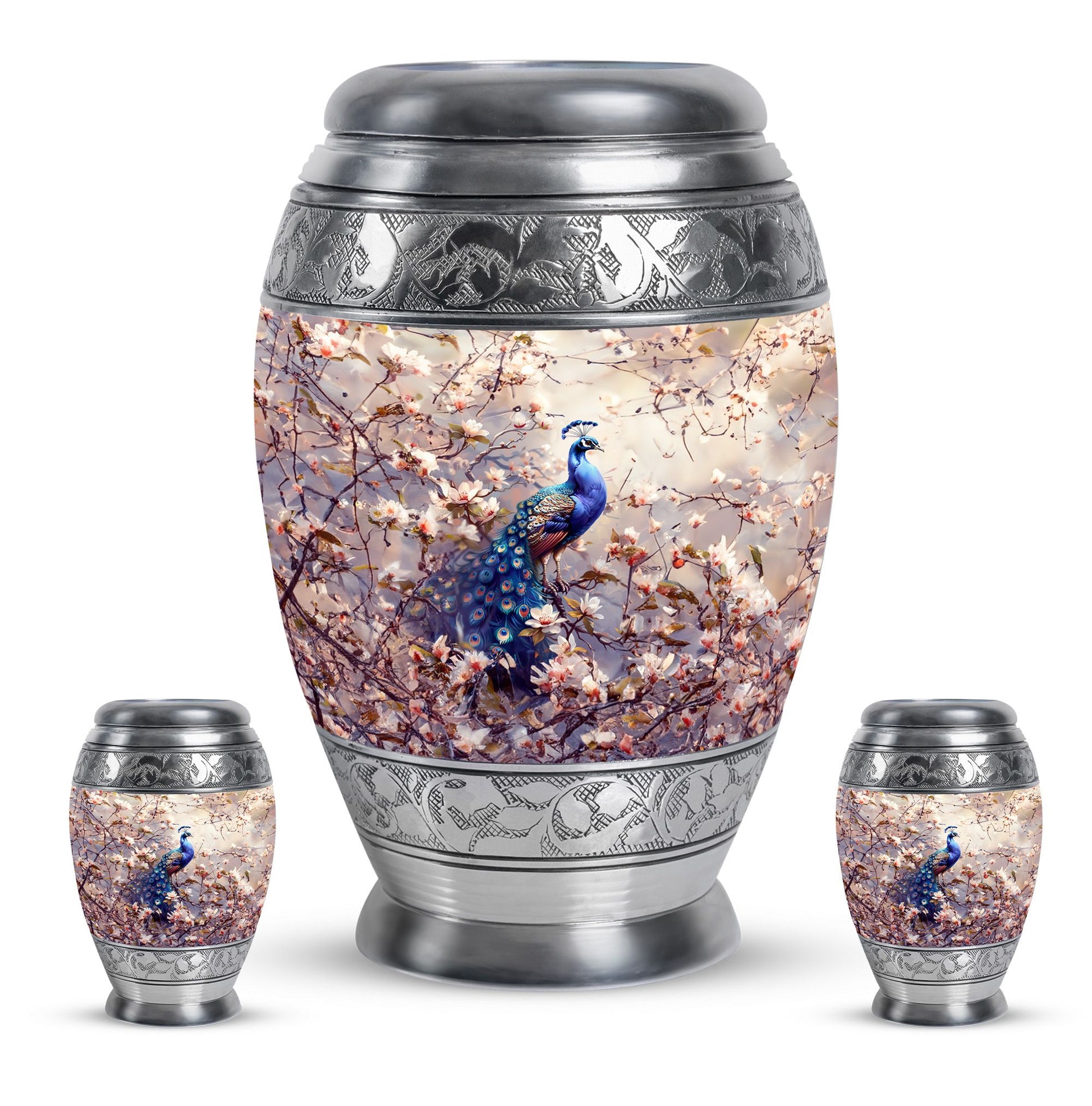 Peacock Theme Large Urn With 2 Keepsake Urn