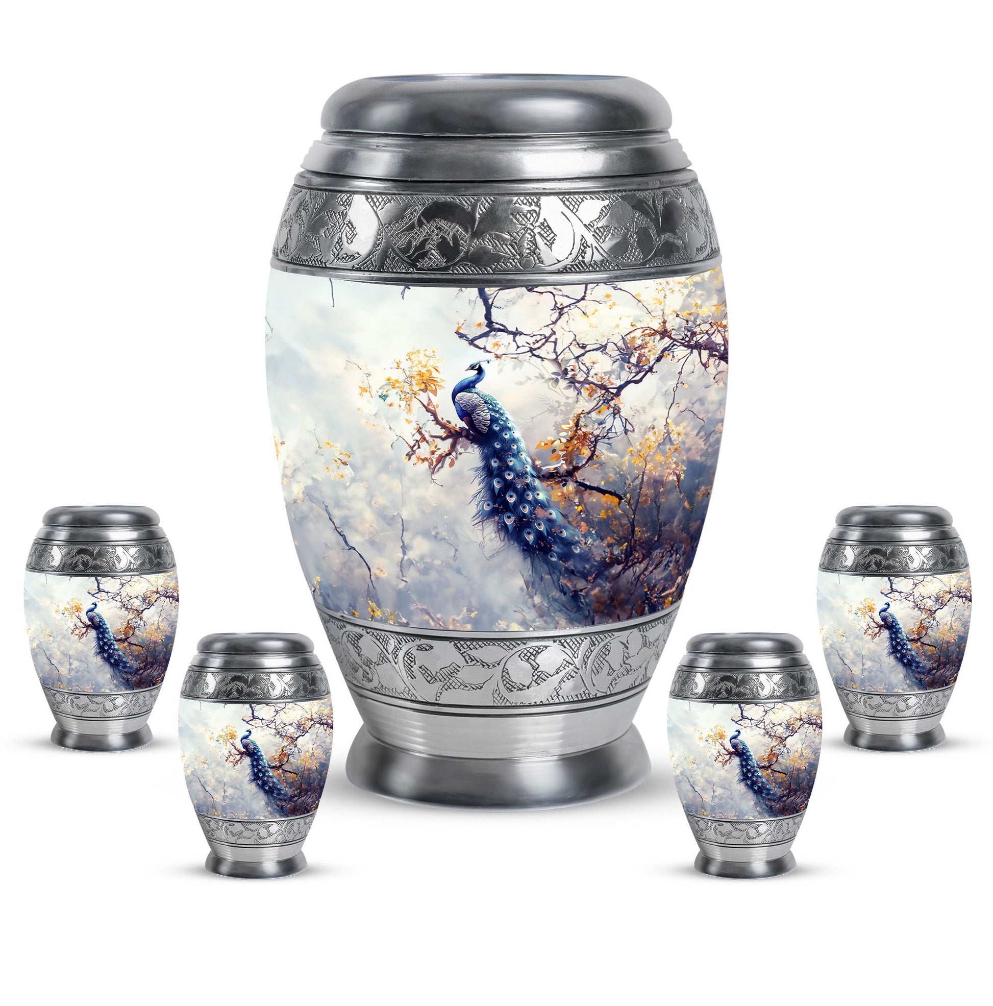 Peacock Theme Large Urn With 4 Keepsake Urn