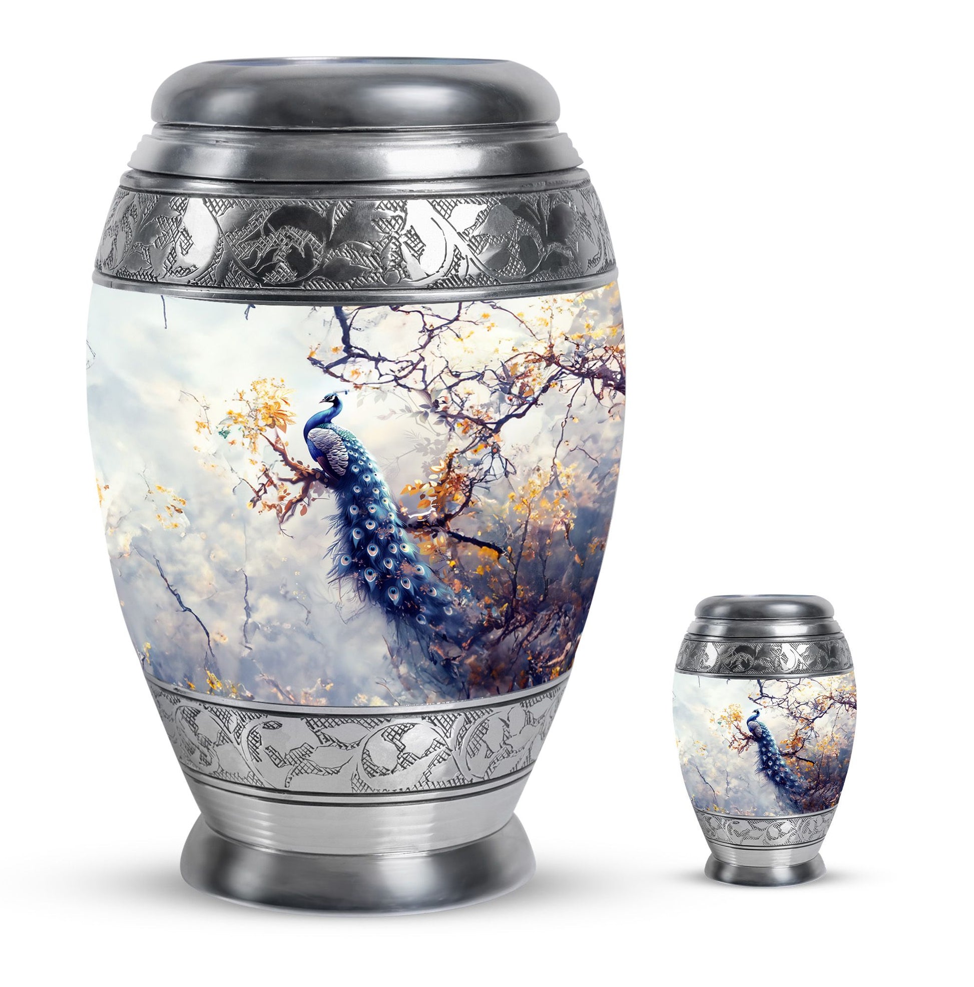 Peacock Theme Large Urn With 1 Keepsake Urn
