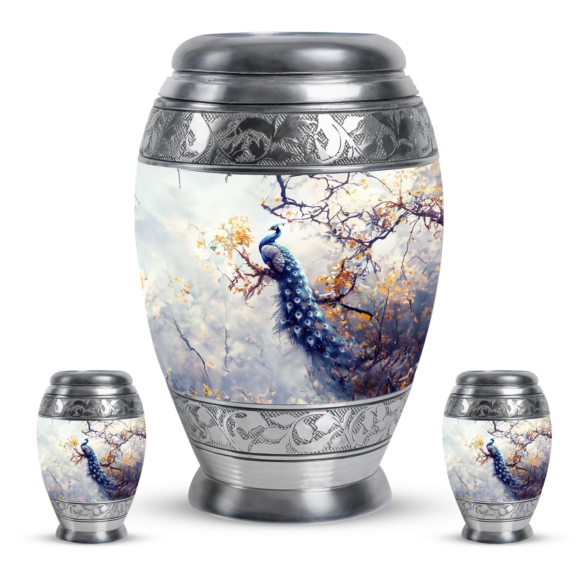 Peacock Theme Large Urn With 2 Keepsake Urn