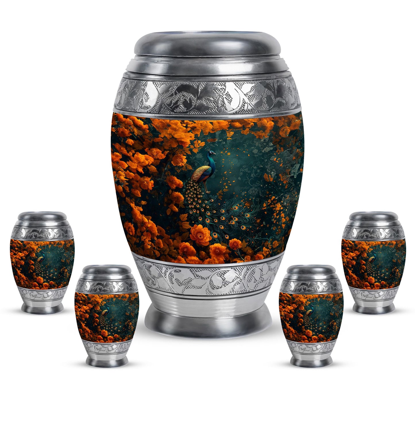Peacock Theme Large Urn With 4 Keepsake Urn