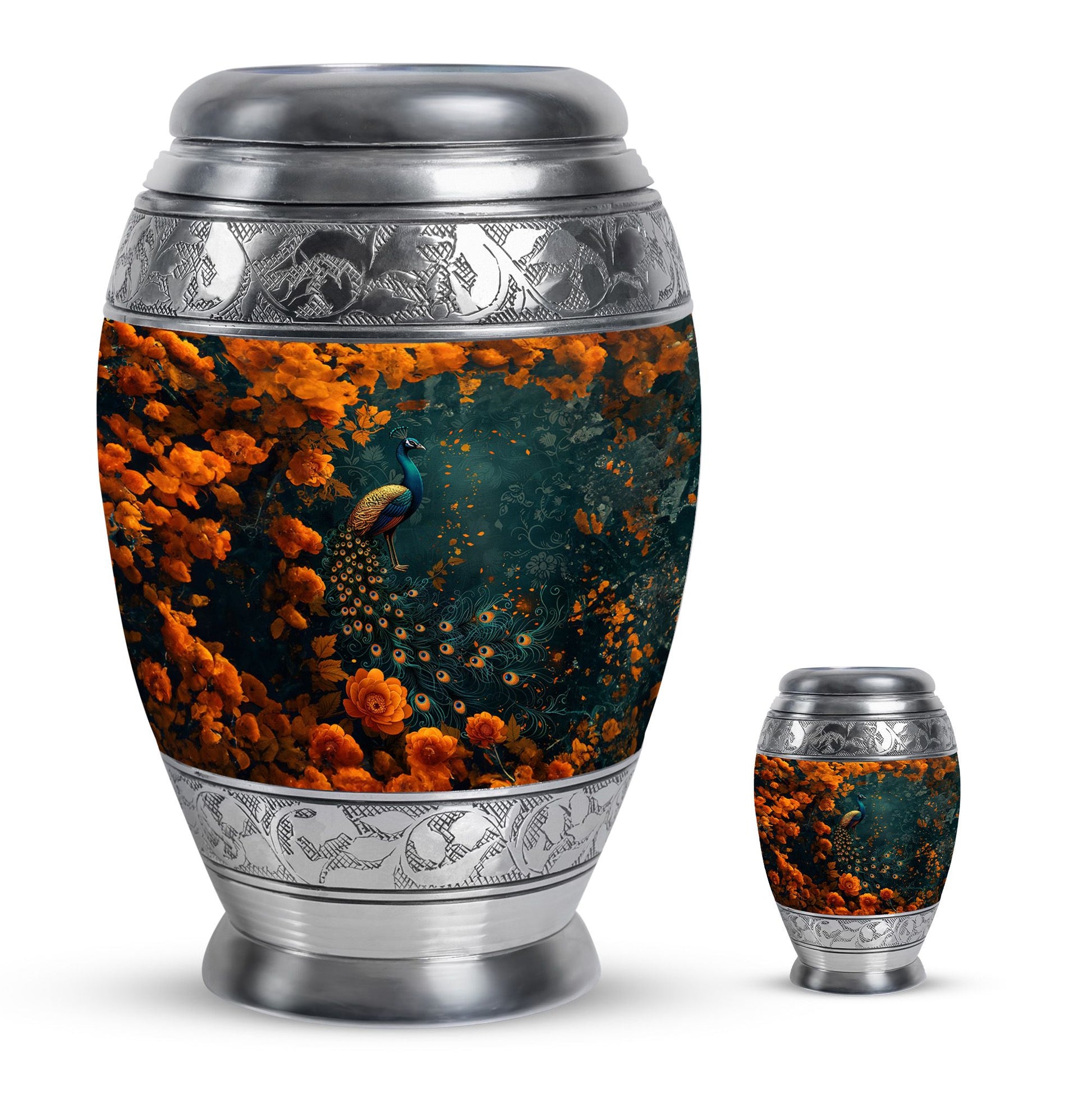 Peacock Theme Large Urn With 1 Keepsake Urn