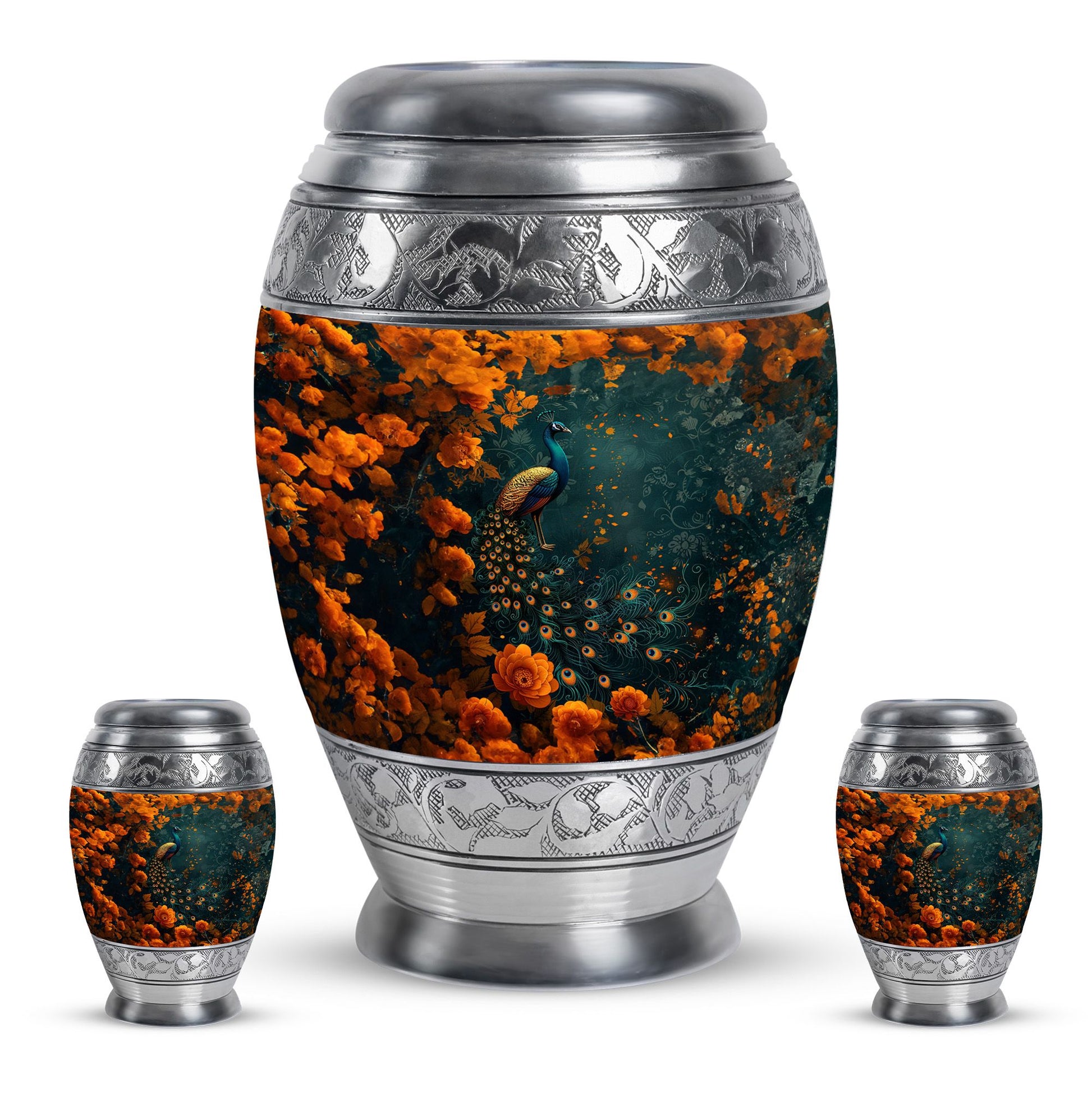 Peacock Theme Large Urn With 2 Keepsake Urn