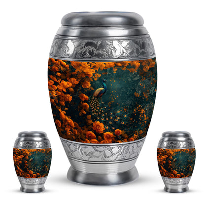 Peacock Theme Large Urn With 2 Keepsake Urn