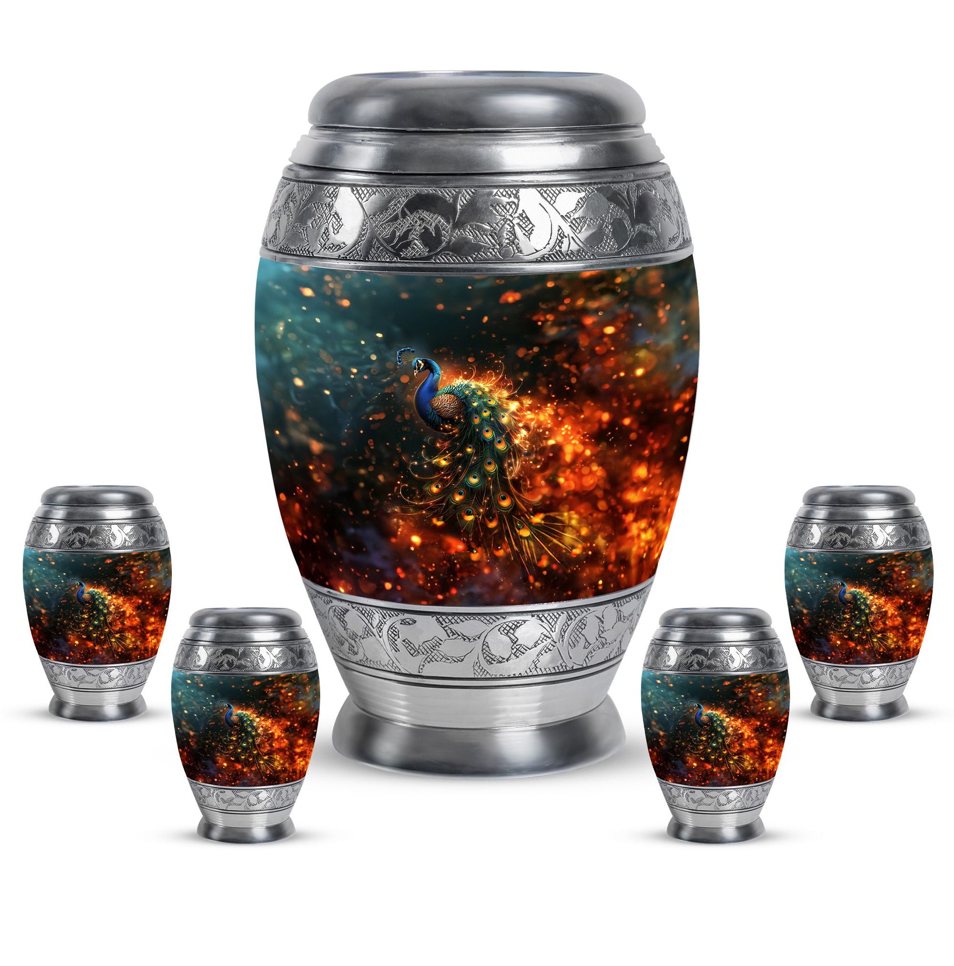 Peacock Theme Large Urn With 4 Keepsake Urn