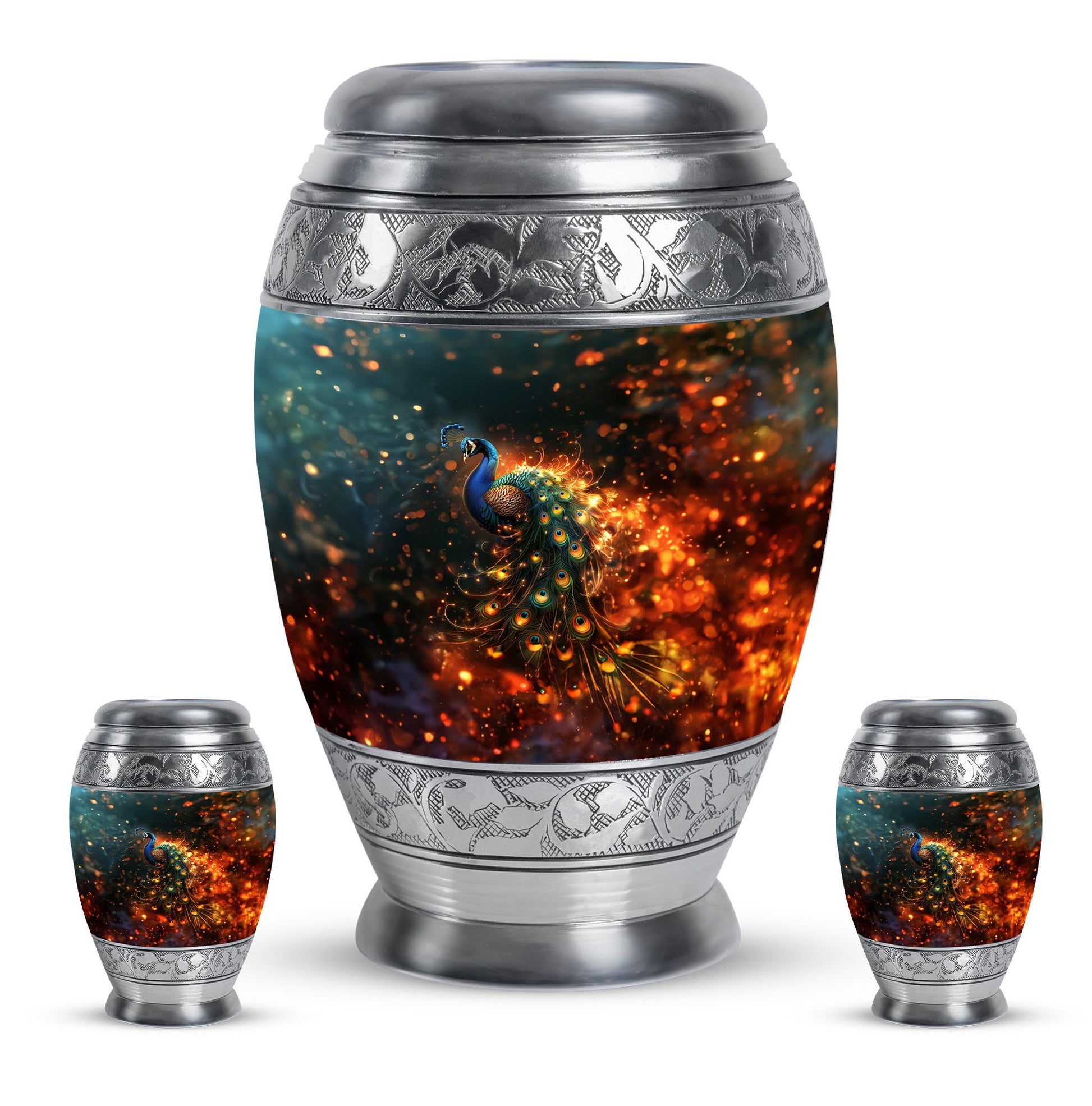 Peacock Theme Large Urn With 2 Keepsake Urn