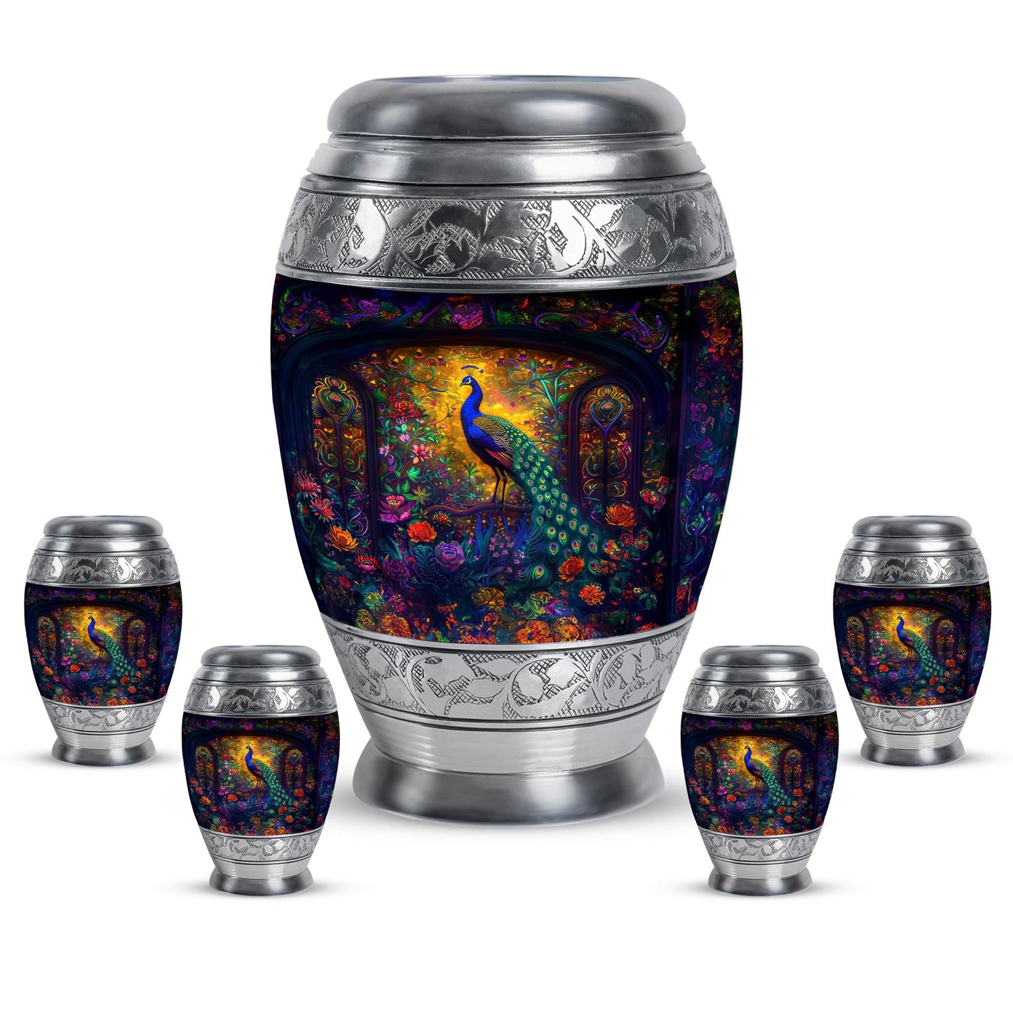 Peacock Theme Large Urn With 4 Keepsake Urn