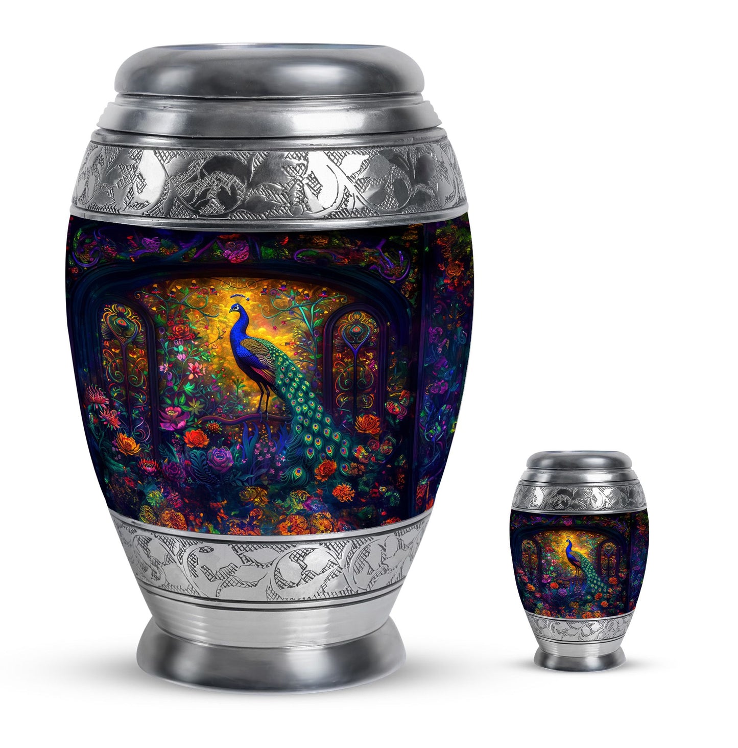 Peacock Theme Large Urn With 1 Keepsake Urn