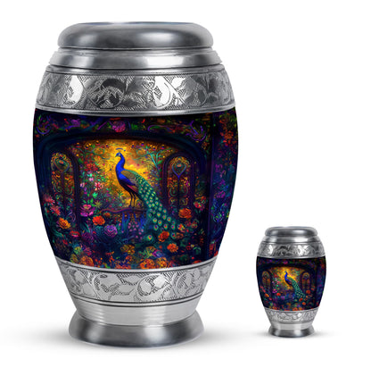 Peacock Theme Large Urn With 1 Keepsake Urn