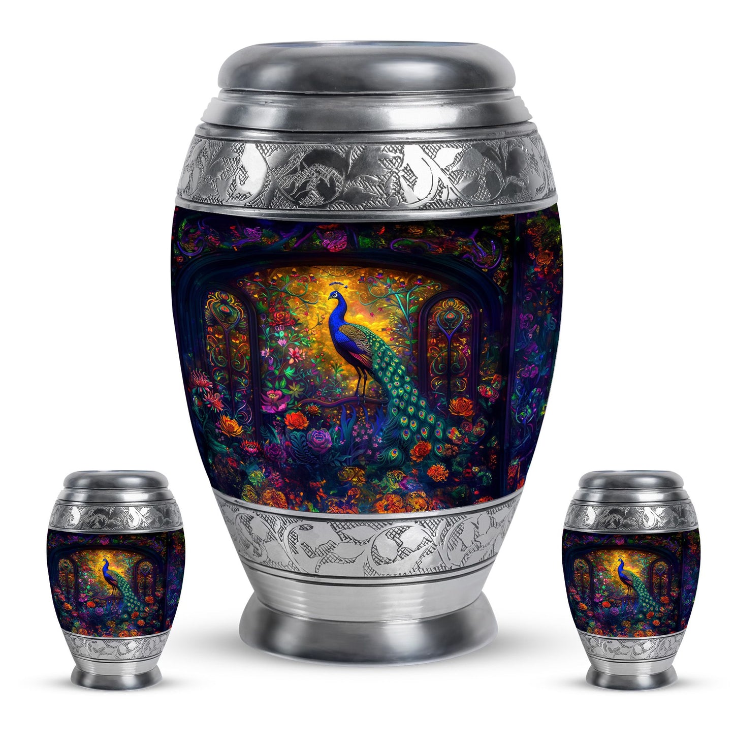 Peacock Theme Large Urn With 2 Keepsake Urn