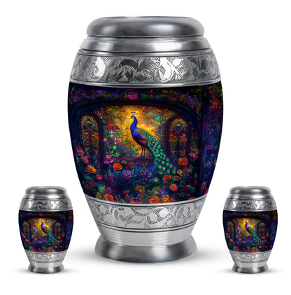 Peacock Theme Large Urn With 2 Keepsake Urn