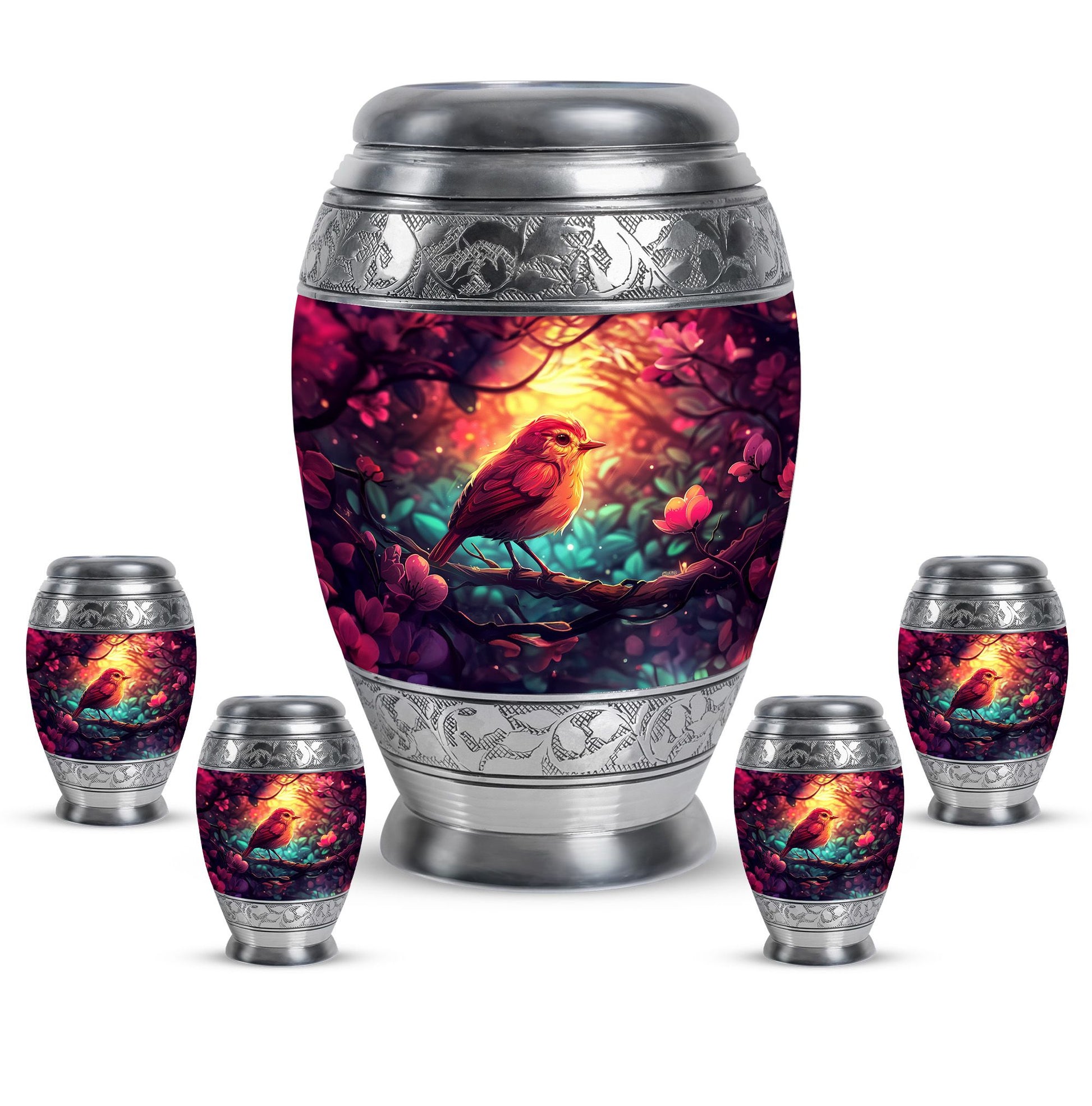 Sparrow Theme Large Urn With 4 Keepsake Urn