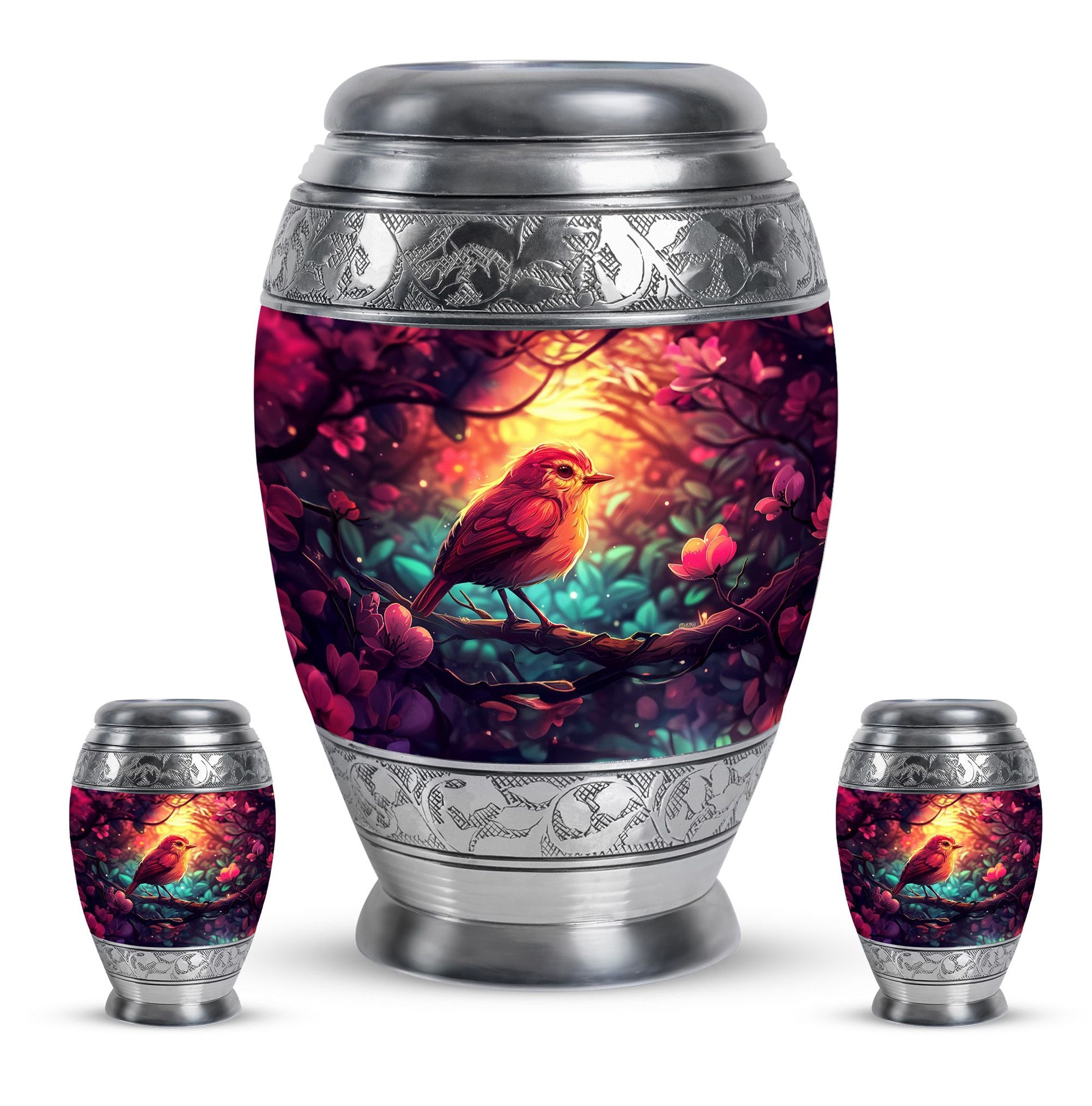 Sparrow Theme Large Urn With 2 Keepsake Urn