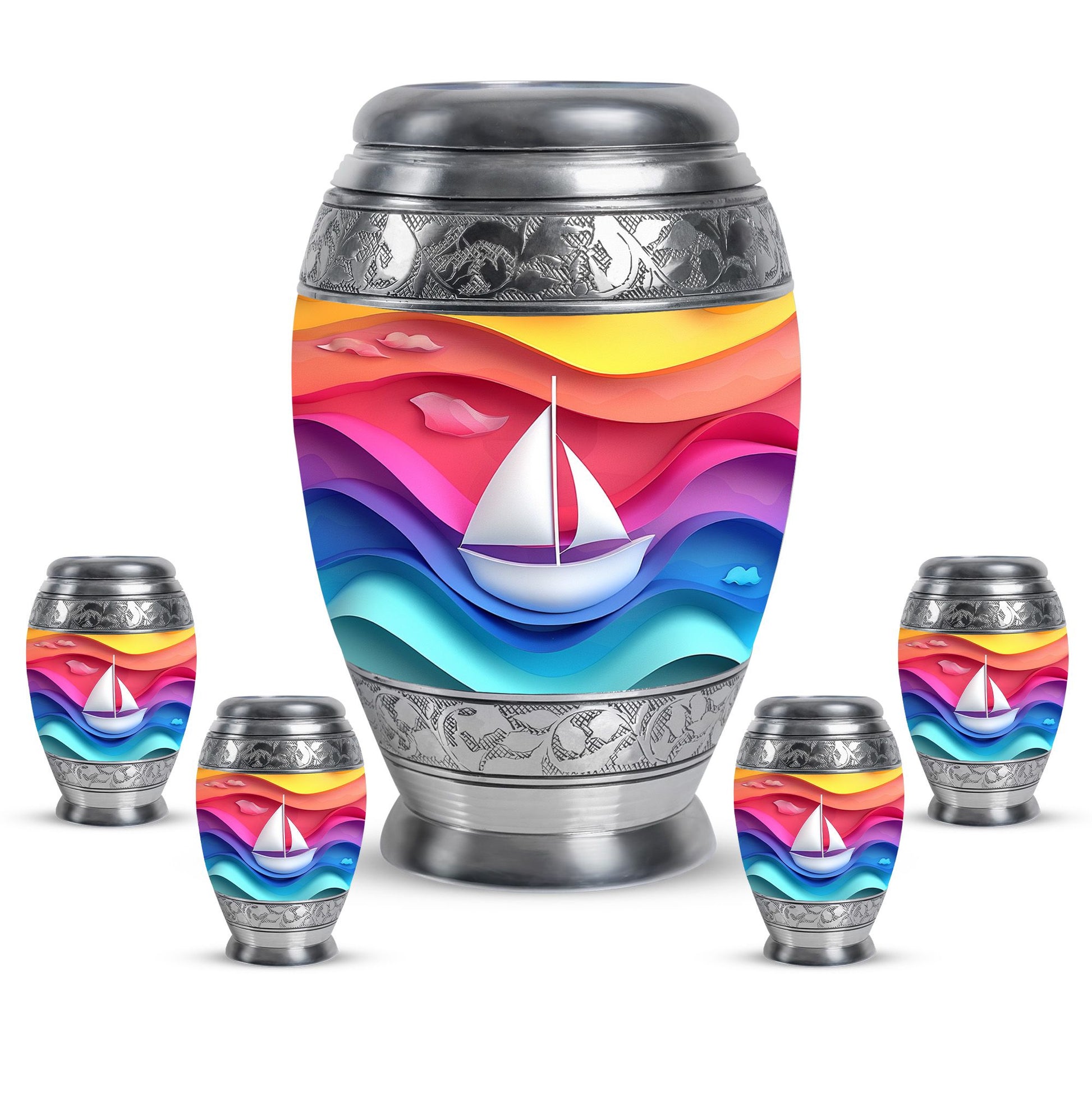 Sail Boat Theme Large Urn With 4 Keepsake Urn