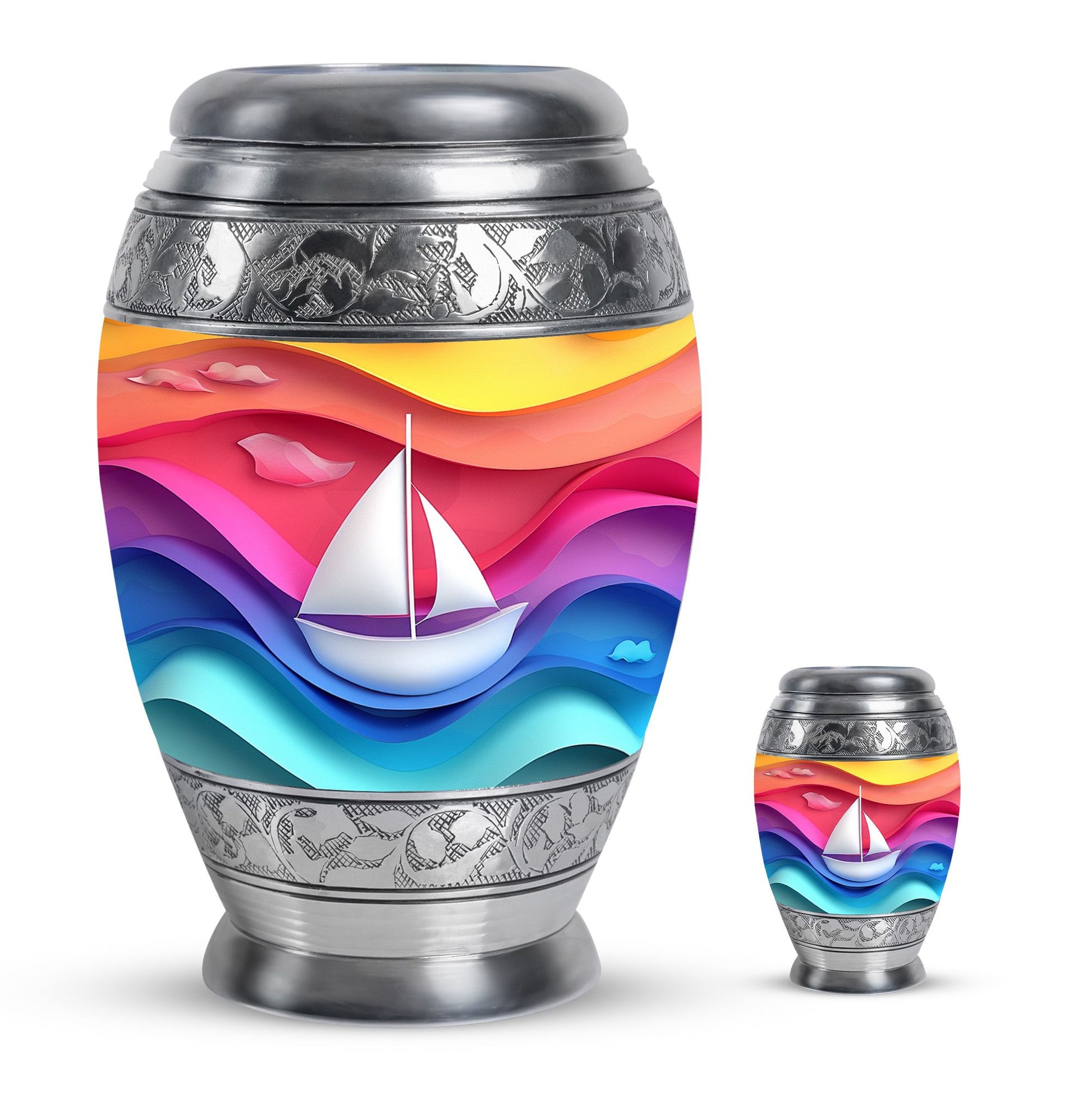 Sail Boat Theme Large Urn With 1 Keepsake Urn