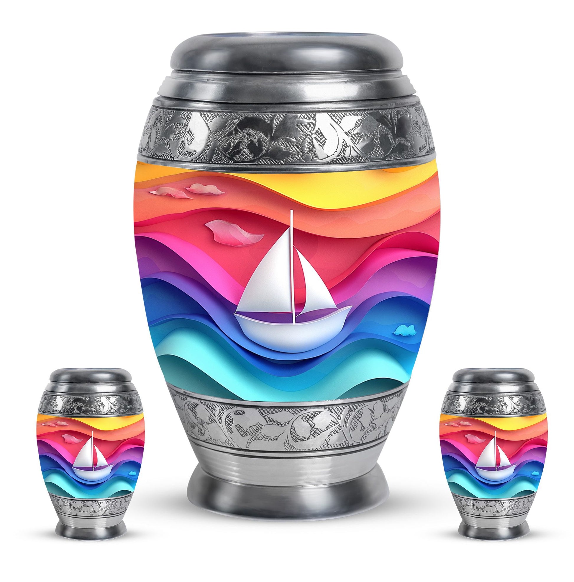 Sail Boat Theme Large Urn With 2 Keepsake Urn
