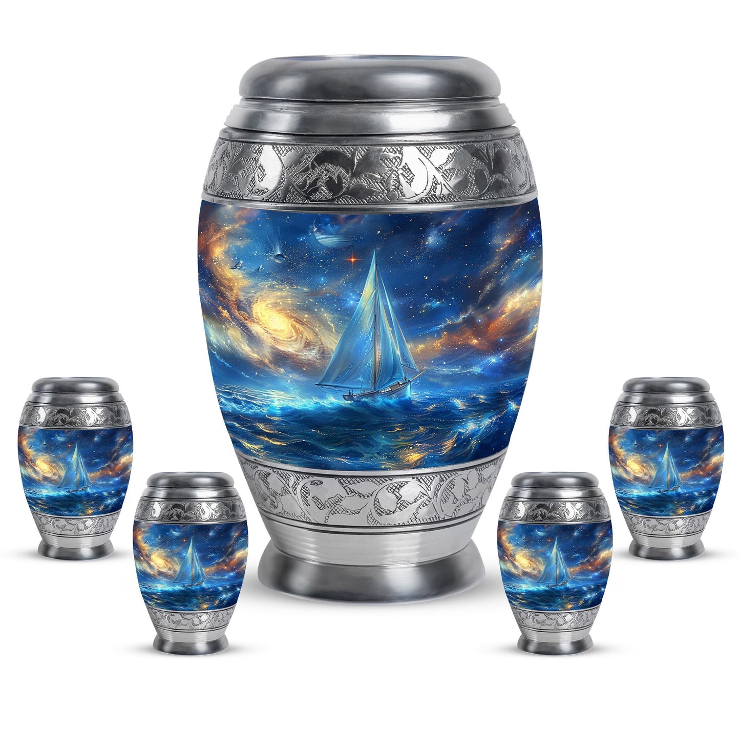 Sail Boat Theme Large Urn With 4 Keepsake Urn