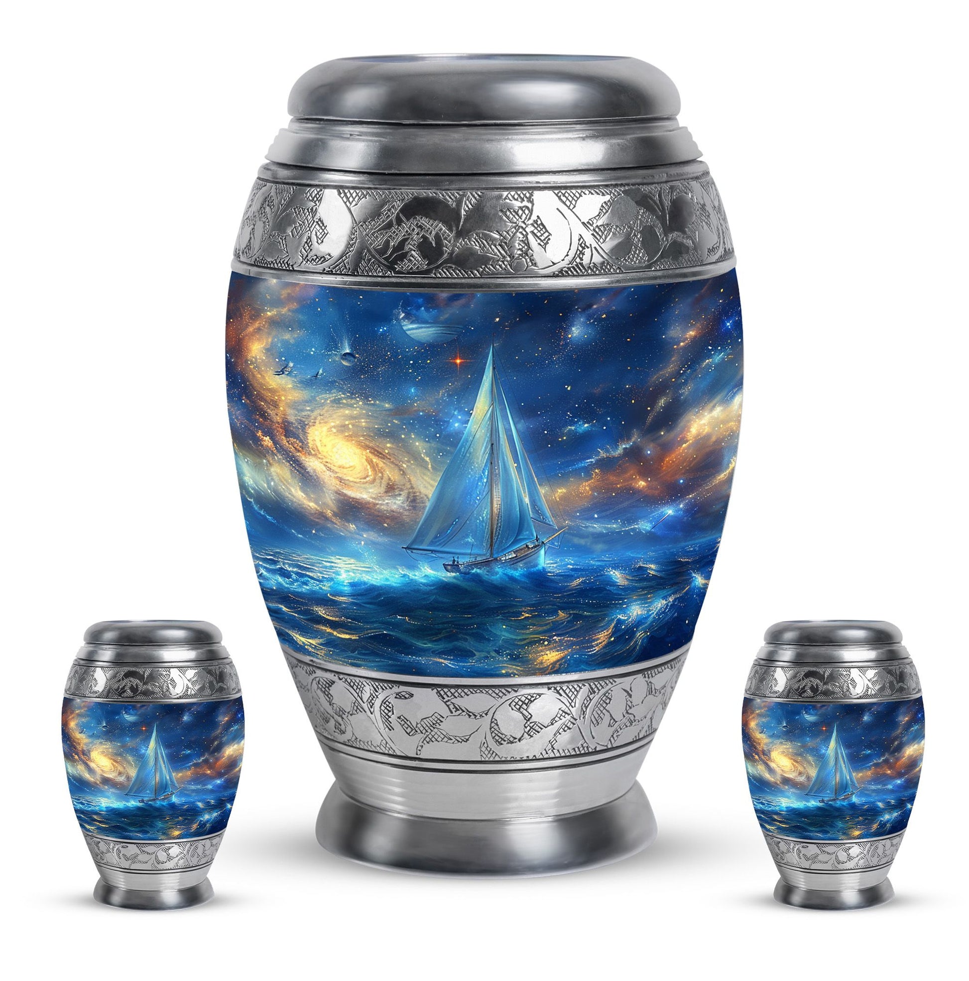 Sail Boat Theme Large Urn With 2 Keepsake Urn