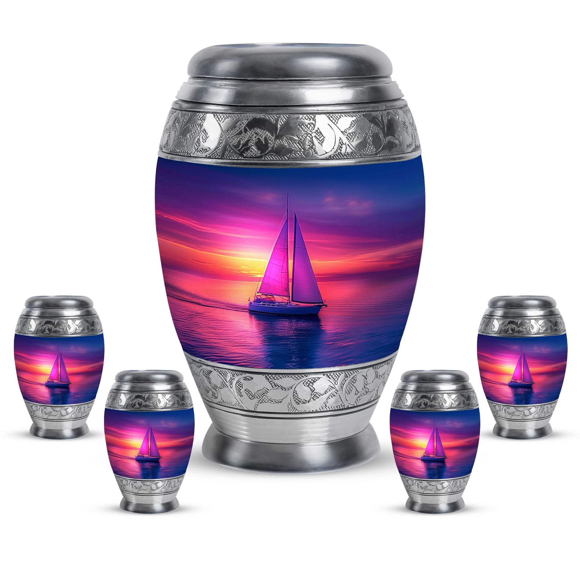 Sail Boat Theme Large Urn With 4 Keepsake Urn