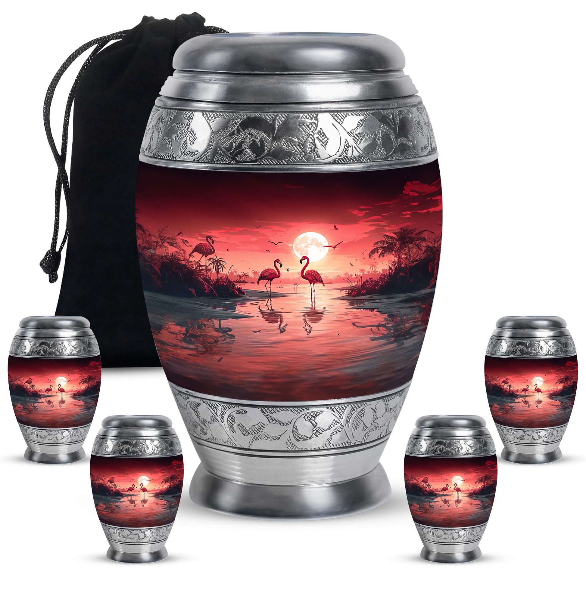 Flamingo Theme Large Urn With 4 Keepsake Urn