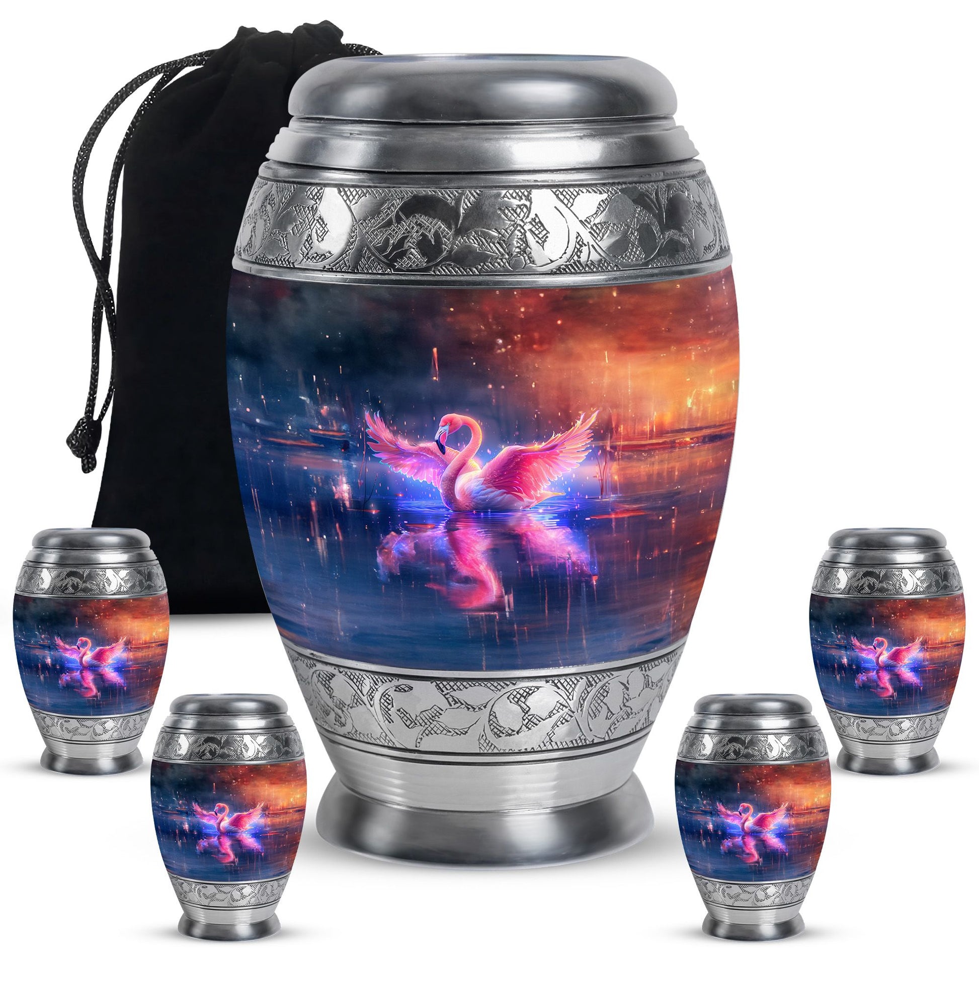 Flamingo Theme Large Urn With 4 Keepsake Urn