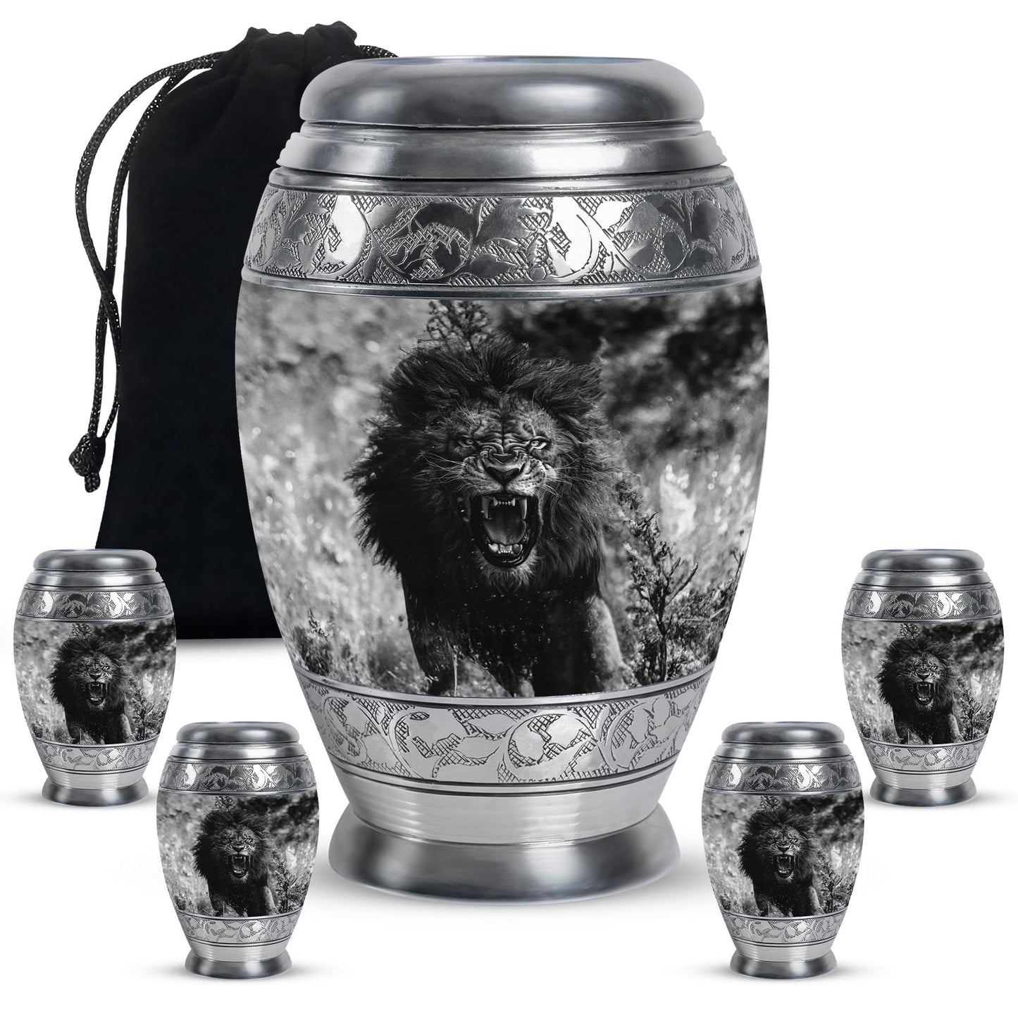 Lion Theme Large Urn With 4 Keepsake Urn