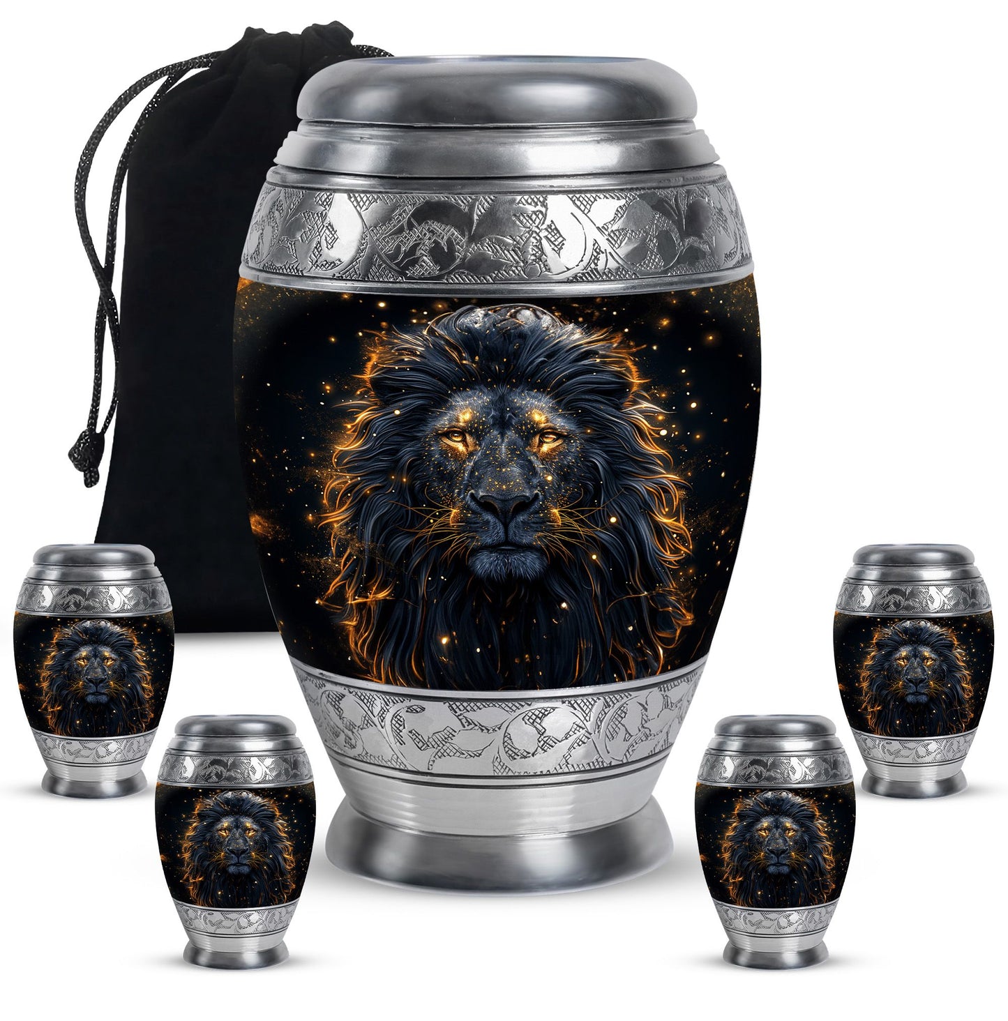 Lion Theme Large Urn With 4 Keepsake Urn