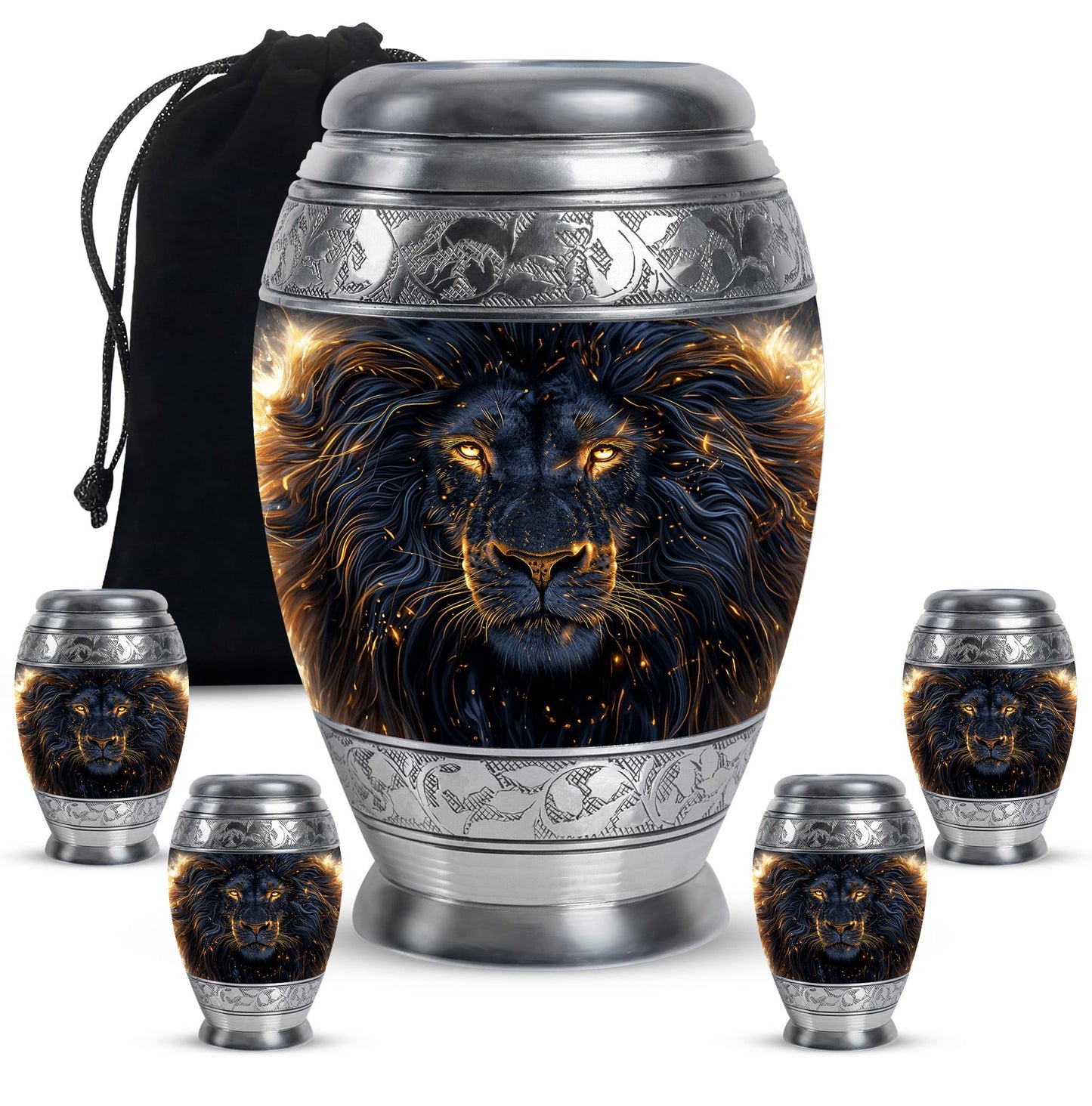 Lion Theme Large Urn With 4 Keepsake Urn