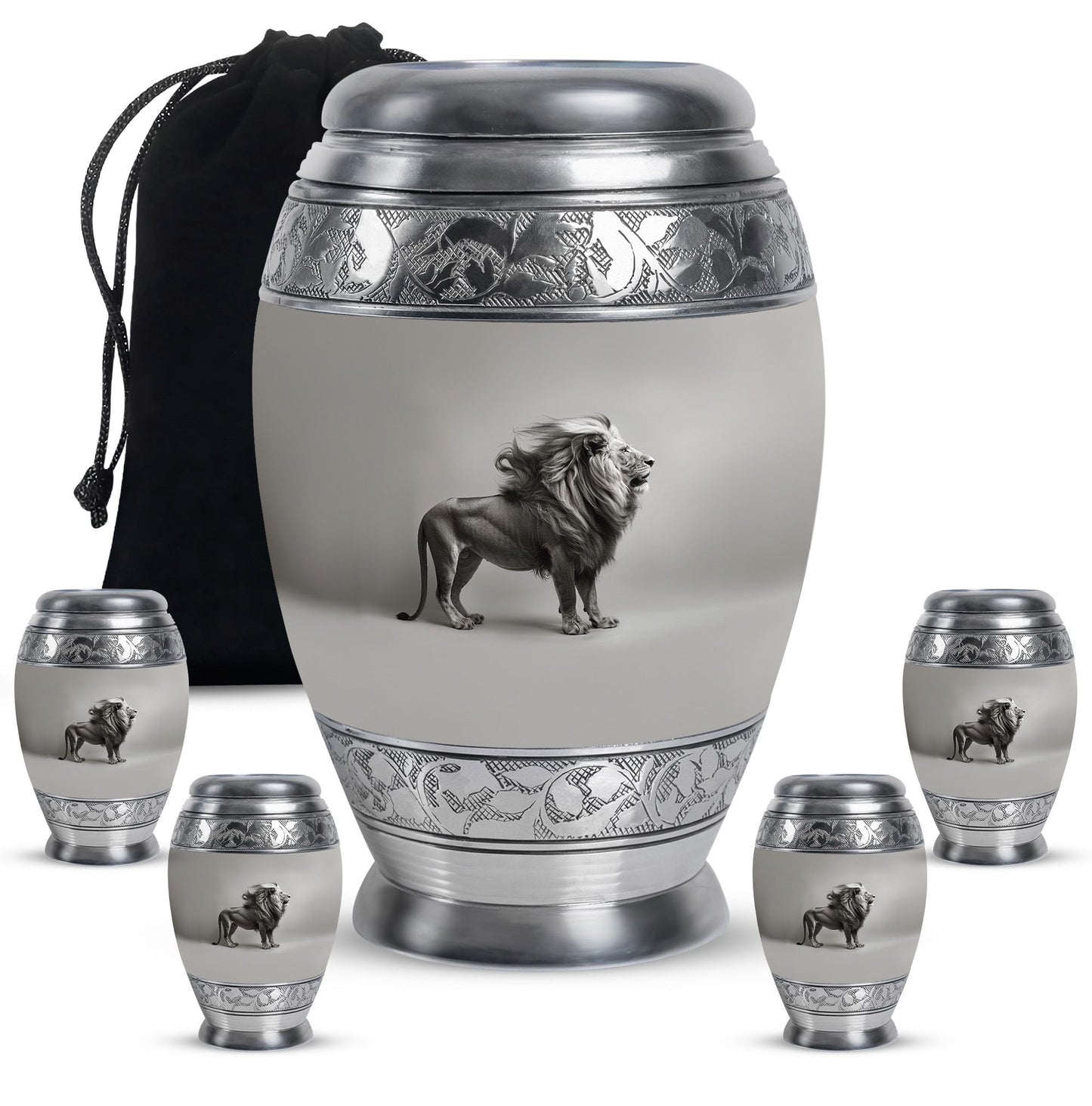 Lion Theme Large Urn With 4 Keepsake Urn