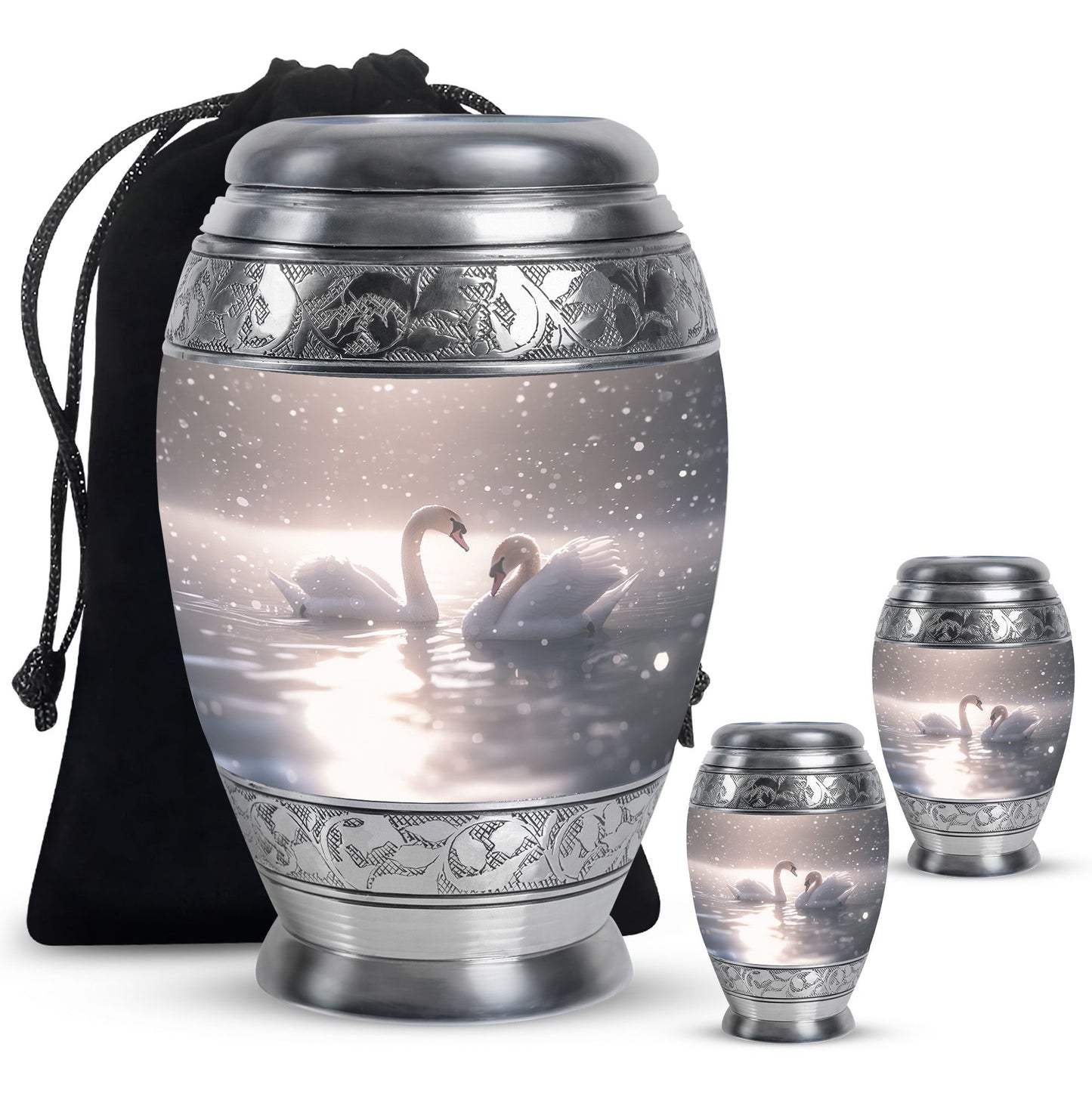 Swan Theme Large Urn With 2 Keepsake Urn