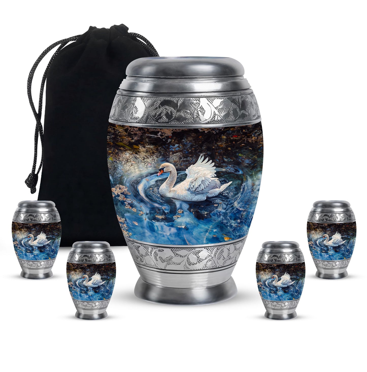 Swan Theme Large Urn With 4 Keepsake Urn