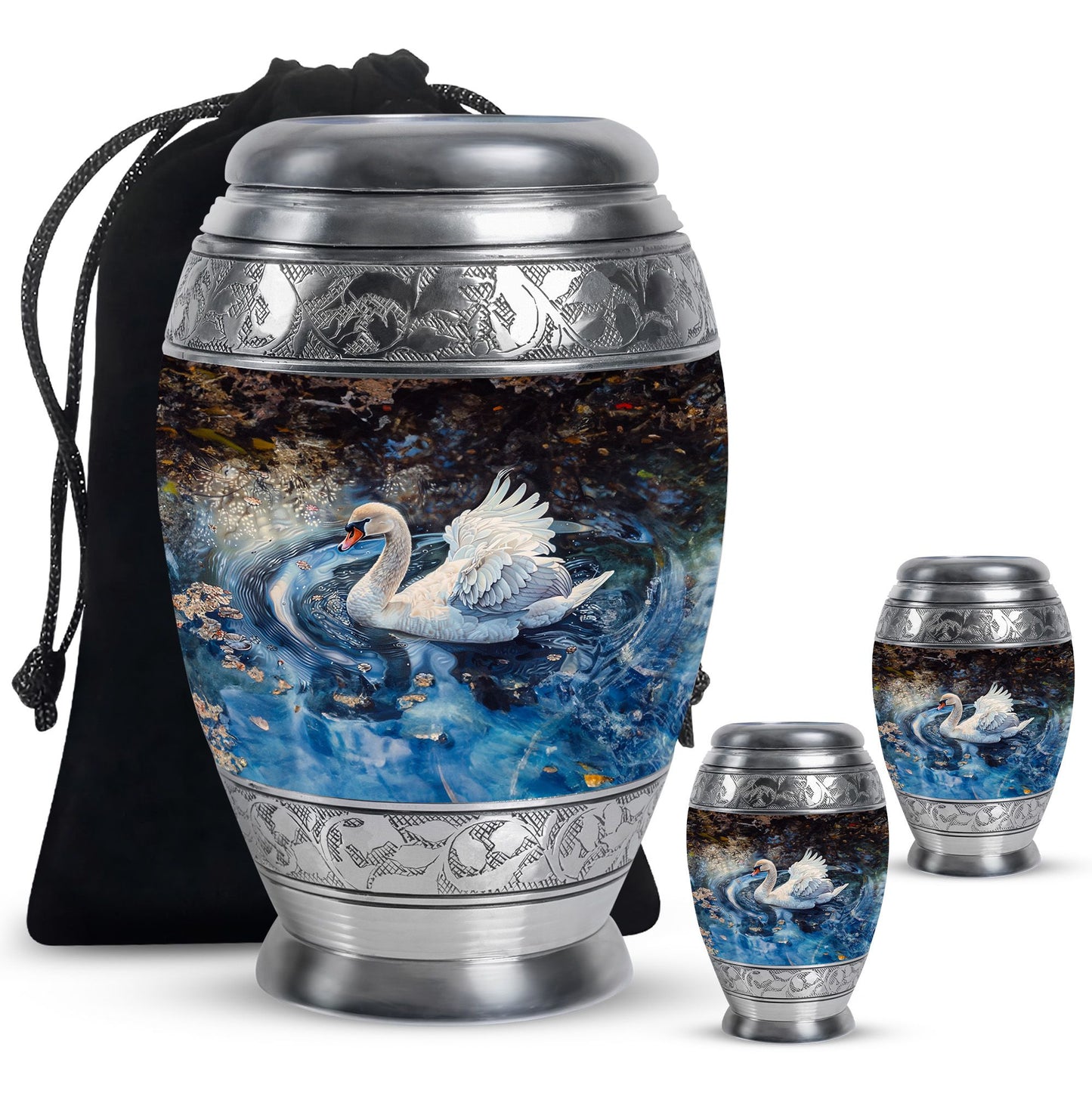 Swan Theme Large Urn With 2 Keepsake Urn
