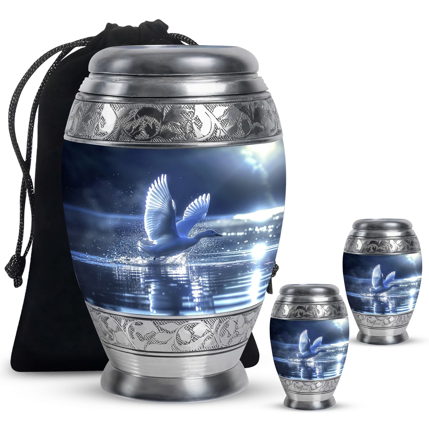 Swan Theme Large Urn With 2 Keepsake Urn