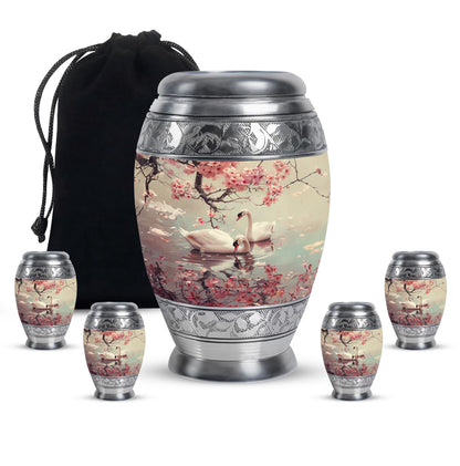 Swan Theme Large Urn With 4 Keepsake Urn