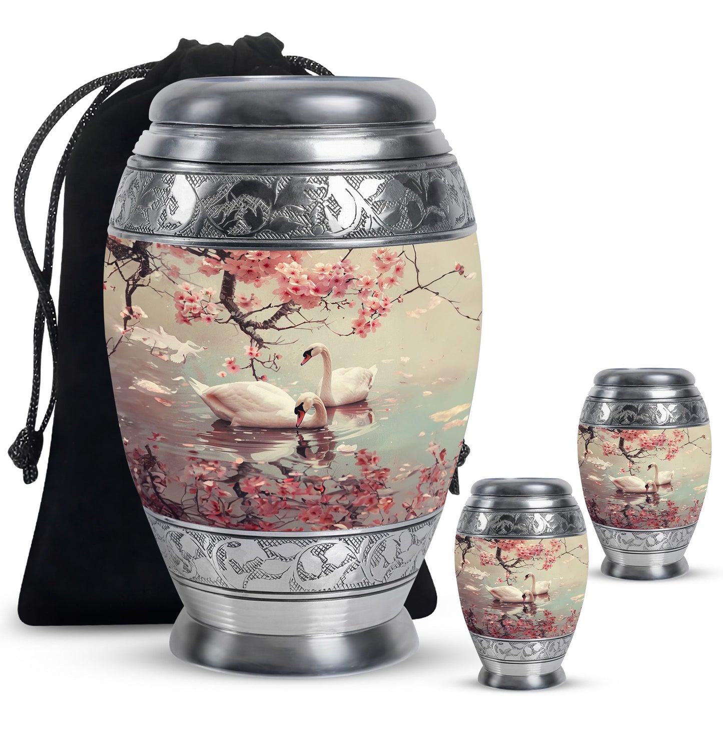 Swan Theme Large Urn With 2 Keepsake Urn