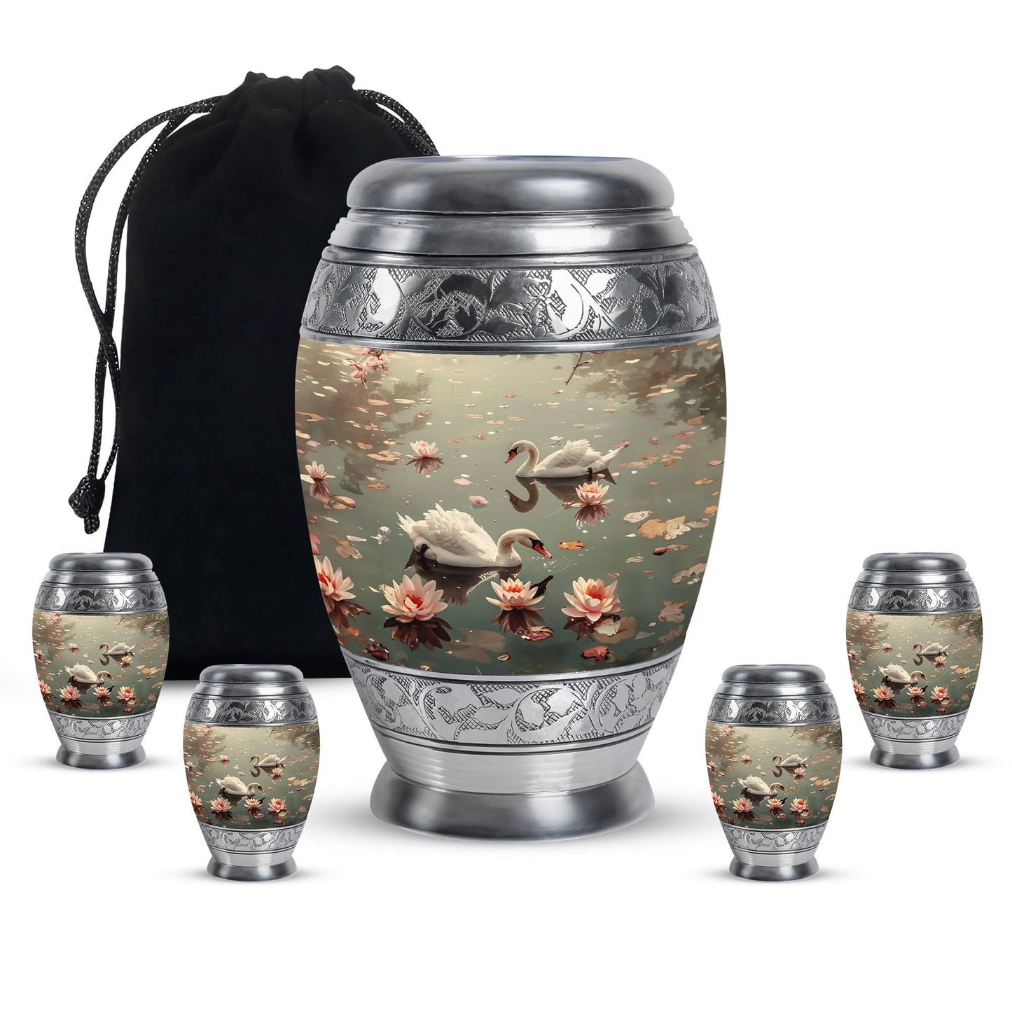 Swan Theme Large Urn With 4 Keepsake Urn