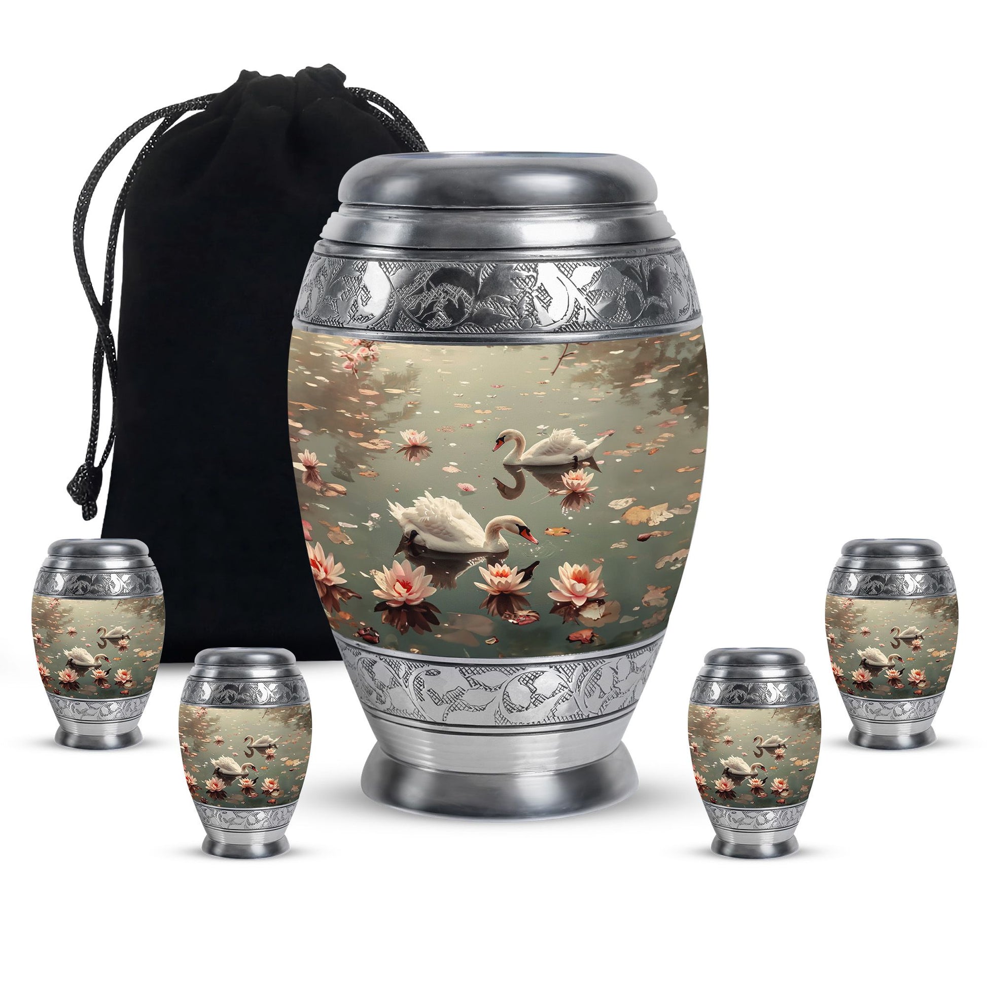 Swan Theme Large Urn With 4 Keepsake Urn