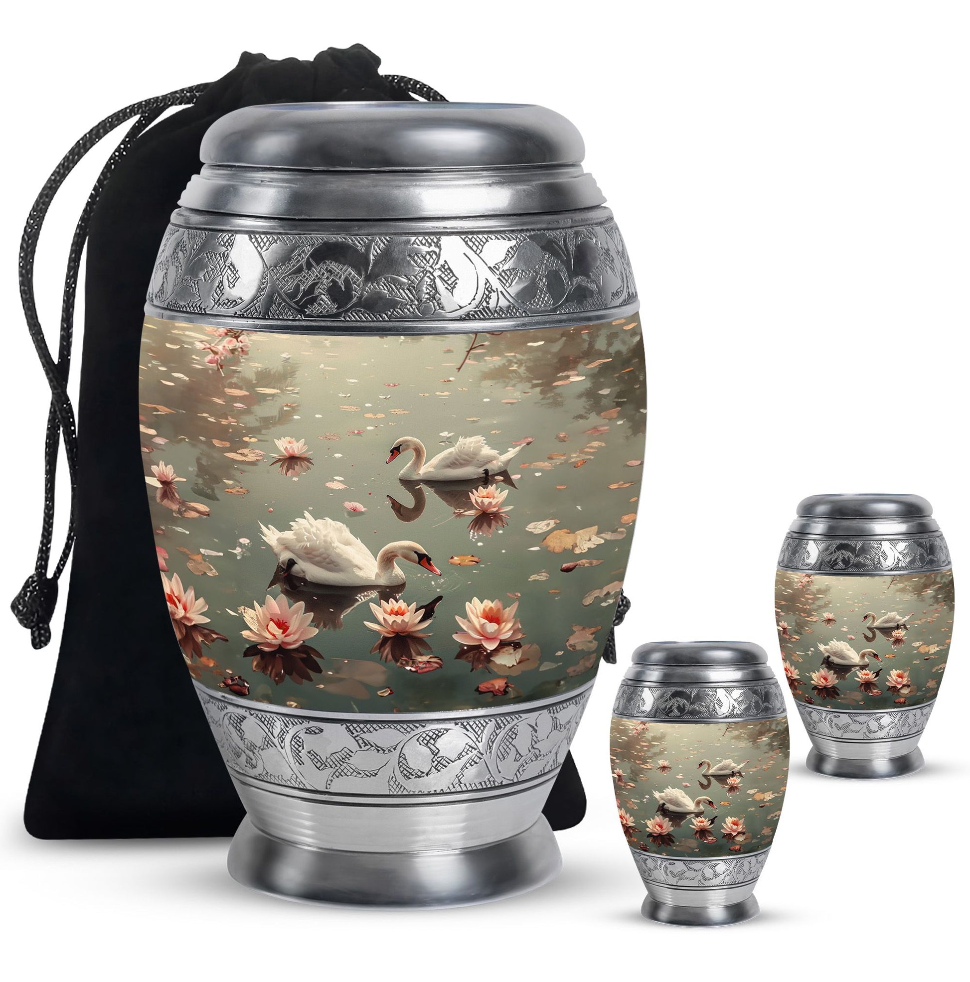 Swan Theme Large Urn With 2 Keepsake Urn