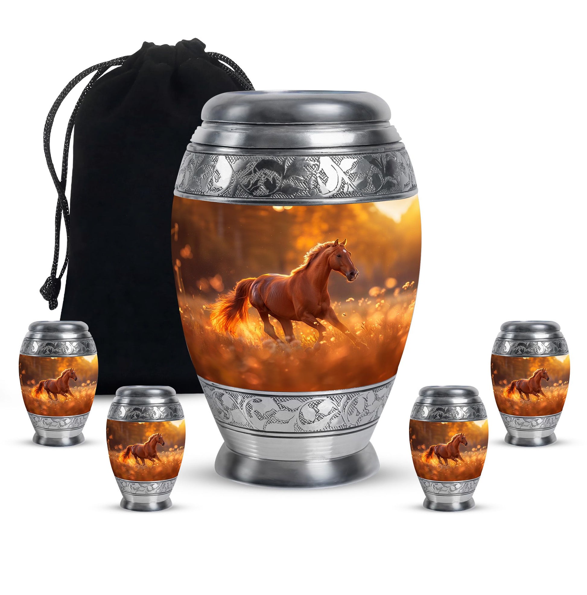 Runing Horse Theme Large Urn With 4 Keepsake Urn
