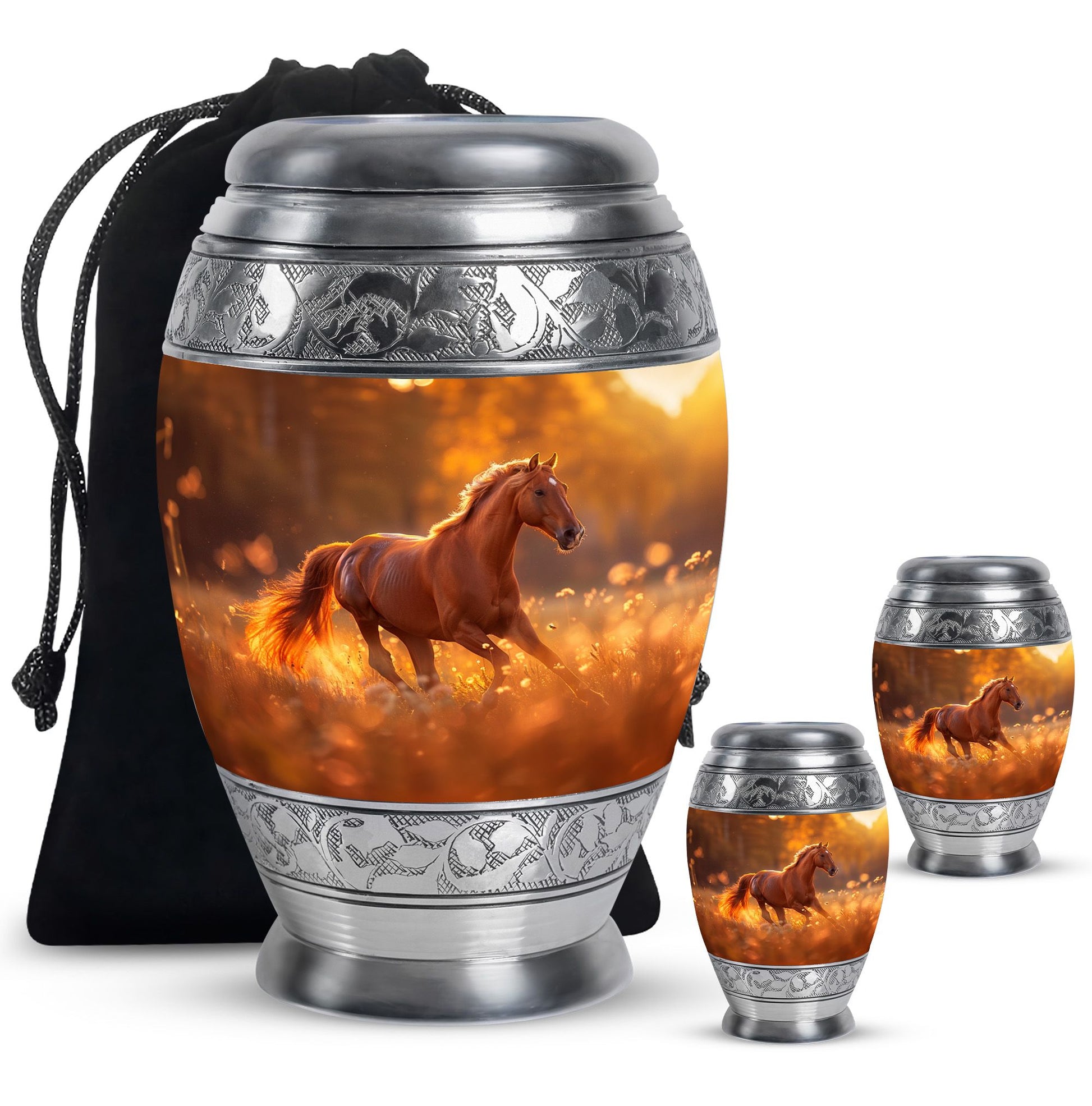 Runing Horse Theme Large Urn With 2 Keepsake Urn