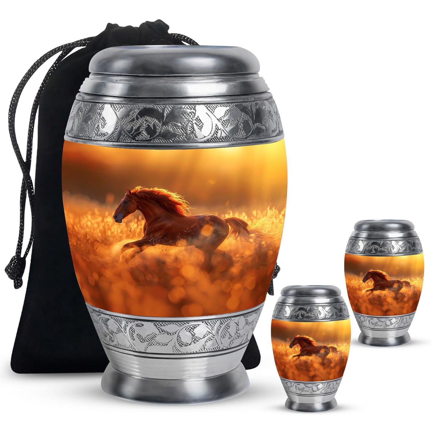 Runing Horse Theme Large Urn With 2 Keepsake Urn