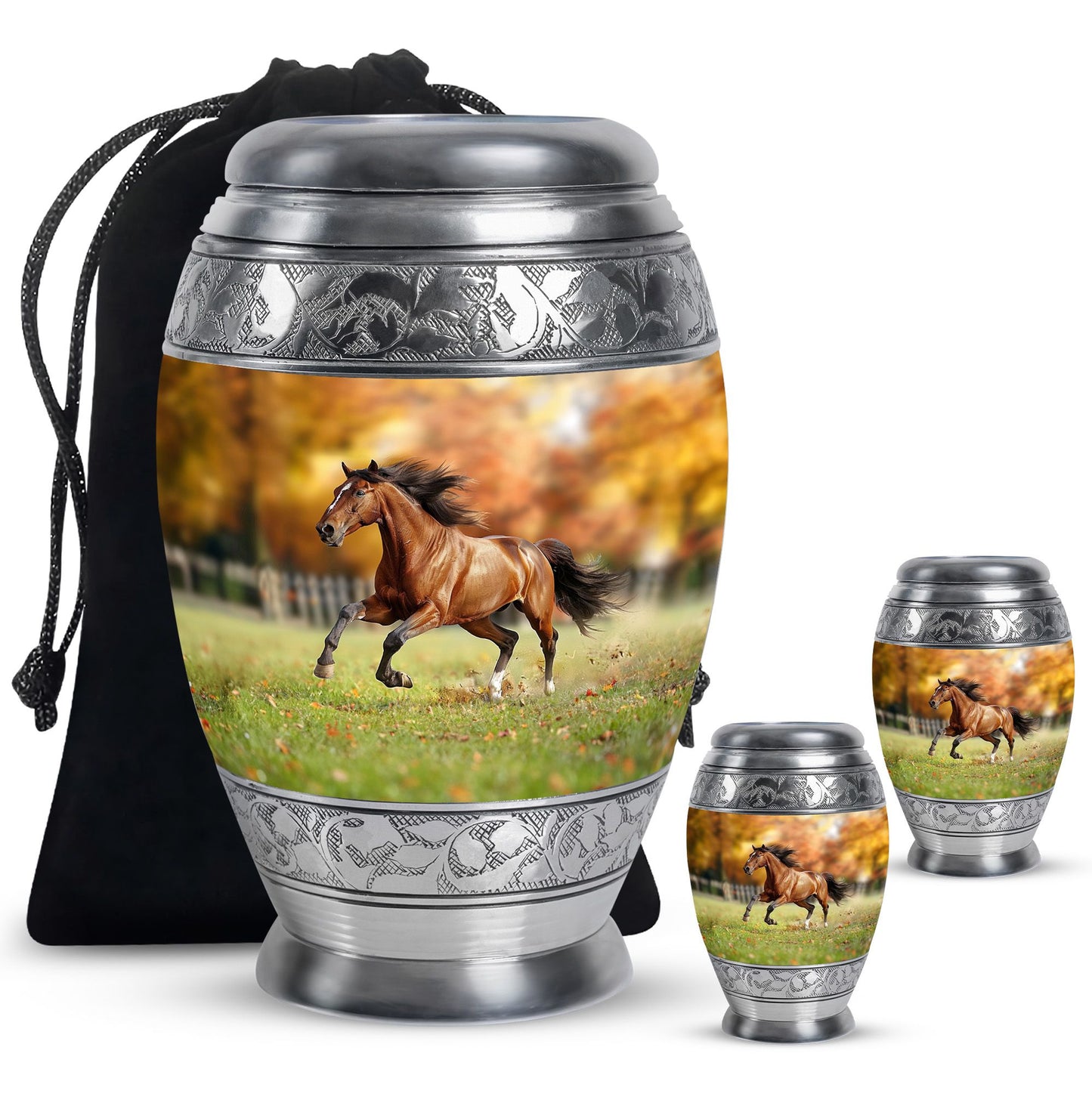 Runing Horse Theme Large Urn With 2 Keepsake Urn