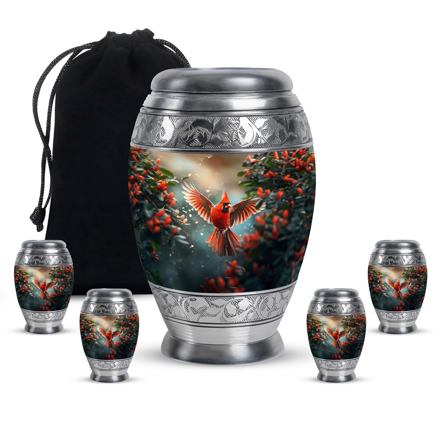 Cardinal Theme Large Urn With 4 Keepsake Urn