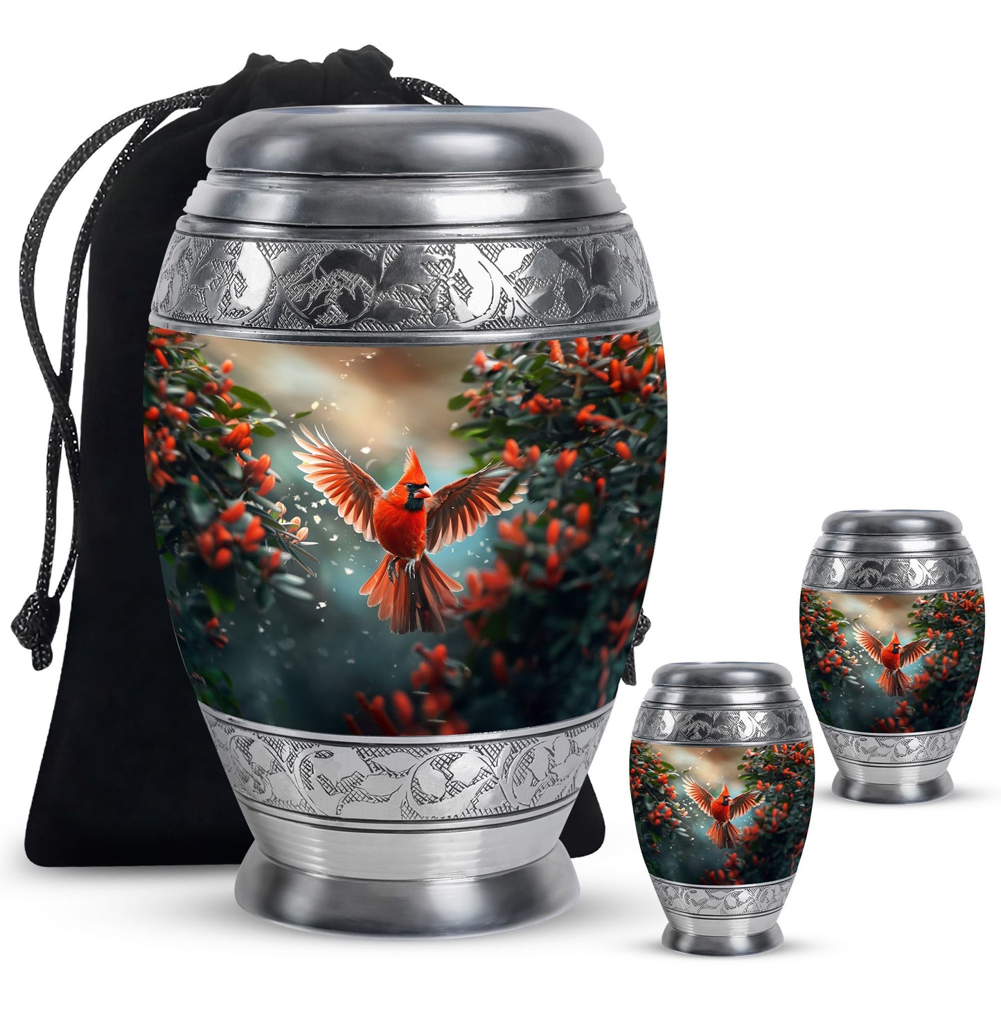Cardinal Theme Large Urn With 2 Keepsake Urn