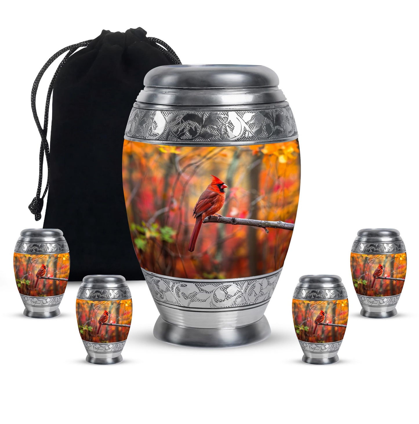 Cardinal Theme Large Urn With 4 Keepsake Urn