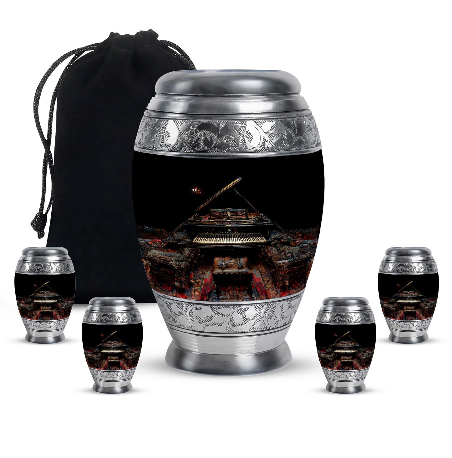 Piano Theme Large Urn With 4 Keepsake Urn