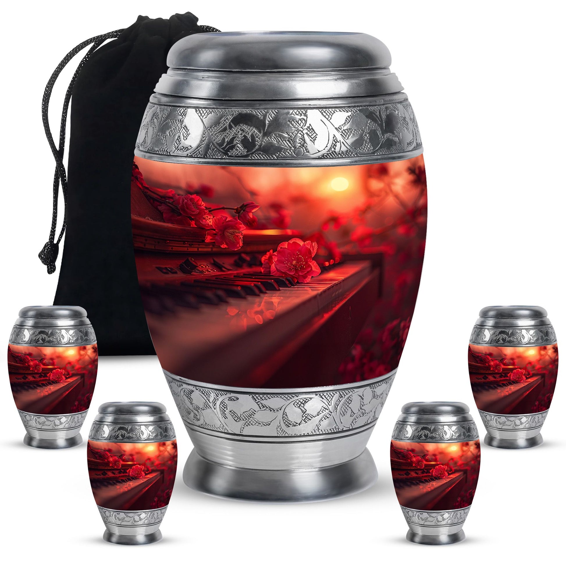 Piano Theme Large Urn With 4 Keepsake Urn